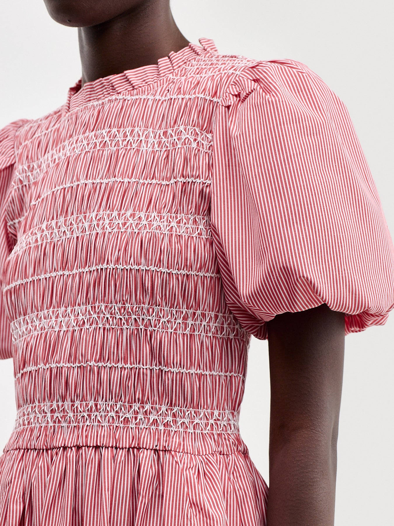Red Stripe Shirred Bodice Midi Dress