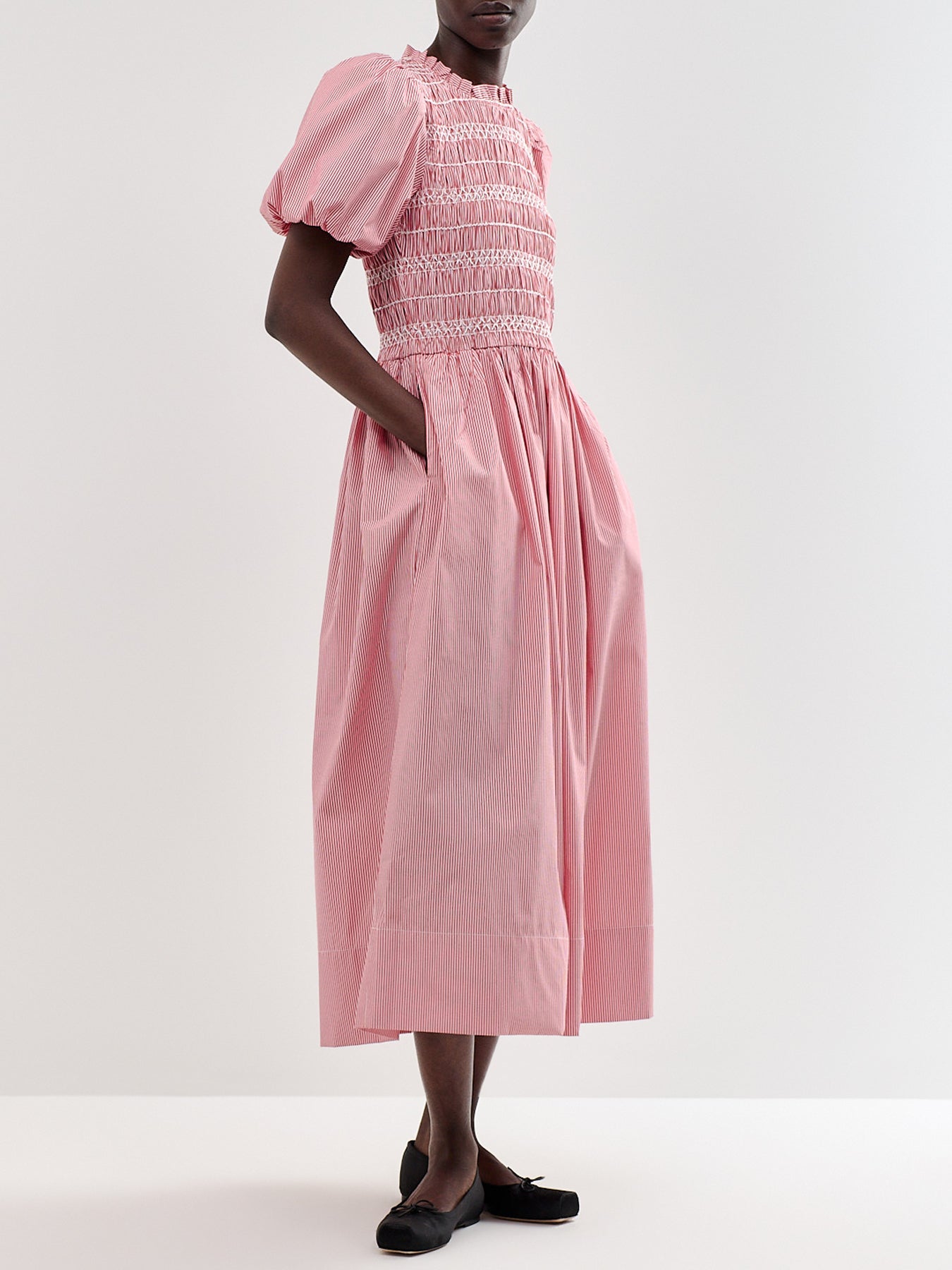 Red Stripe Shirred Bodice Midi Dress