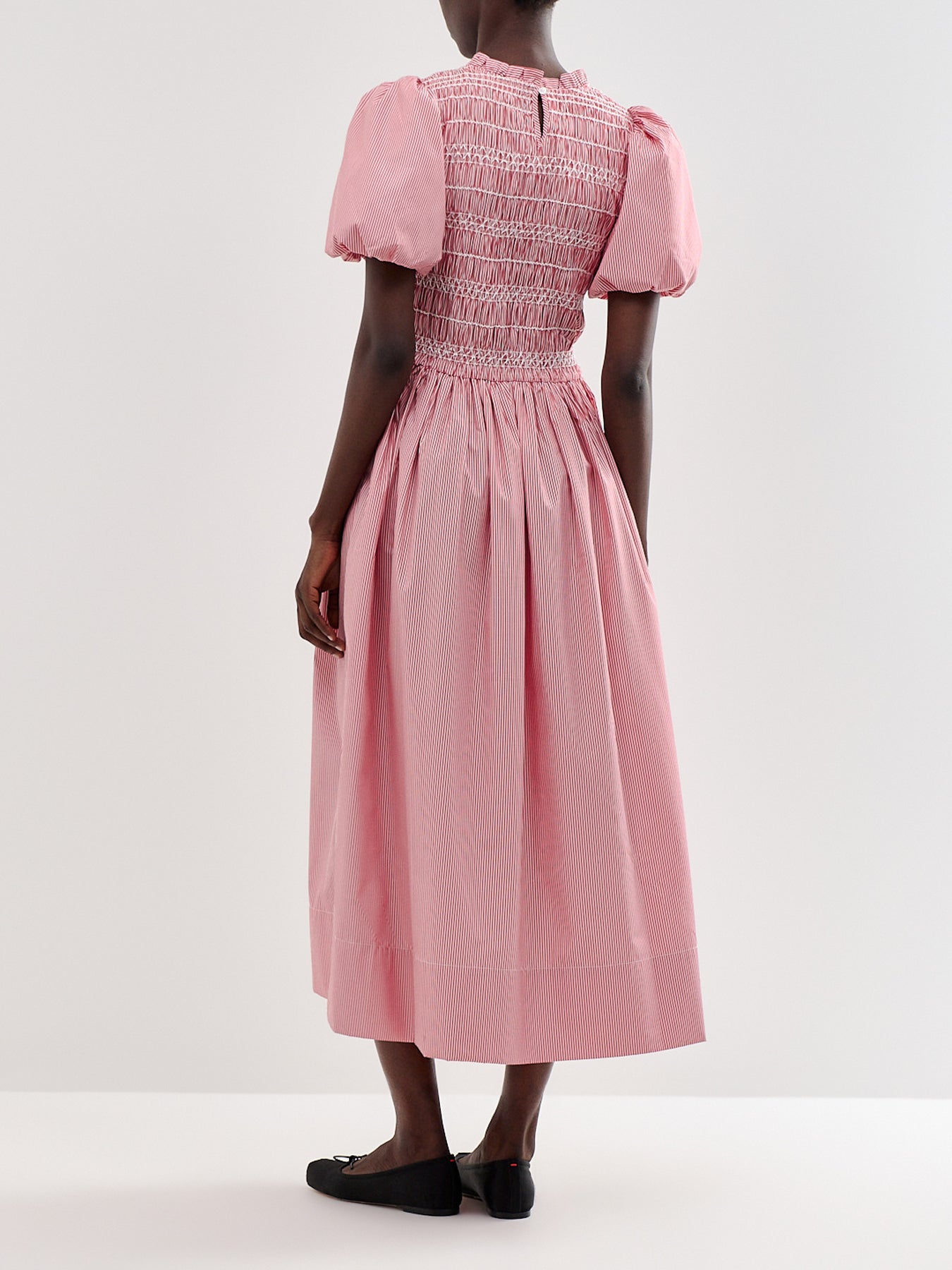 Red Stripe Shirred Bodice Midi Dress