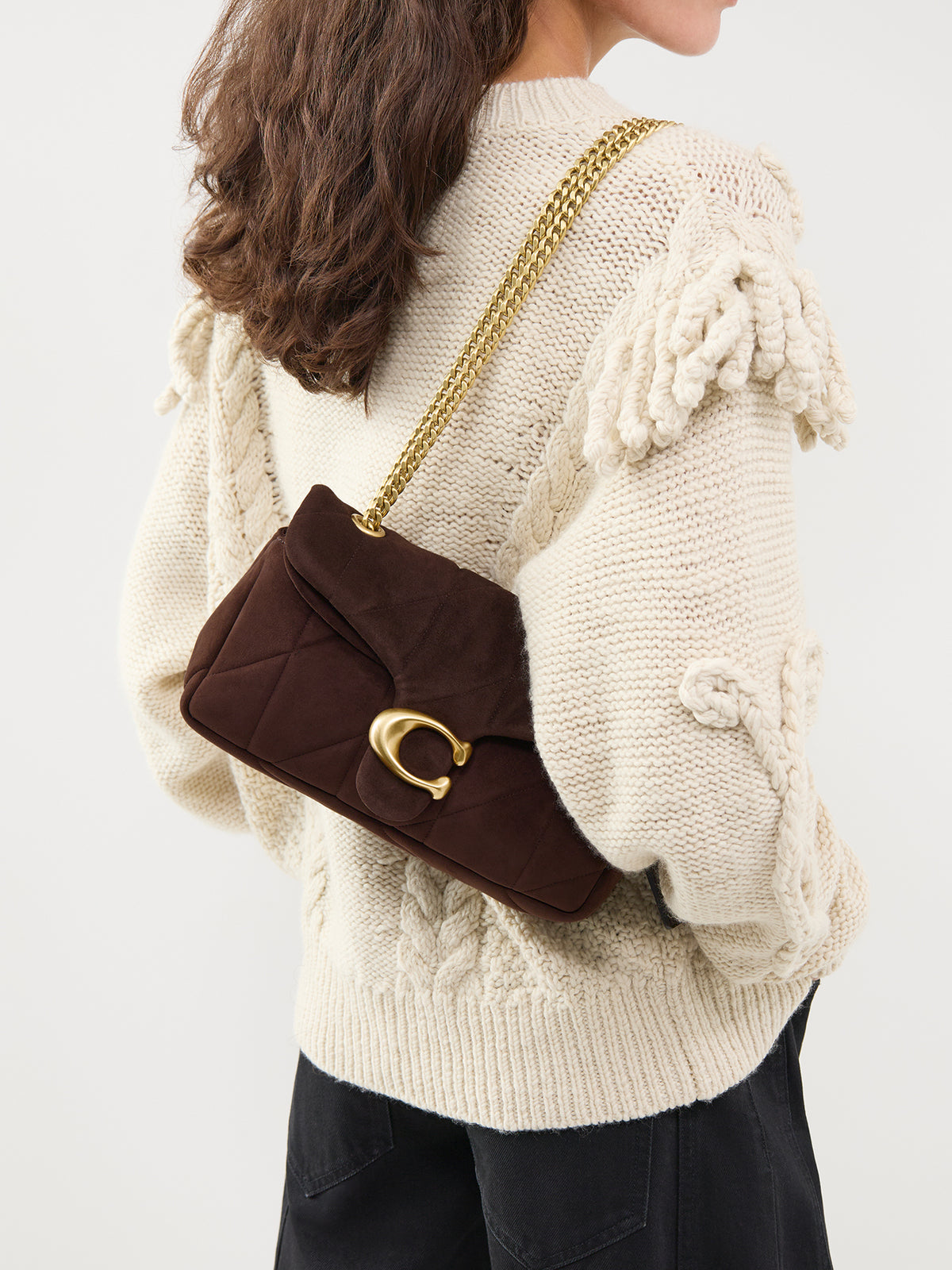 Goat Leather Soft Quilted Suede Tabby Shoulder Bag 26 - Dark Chocolate