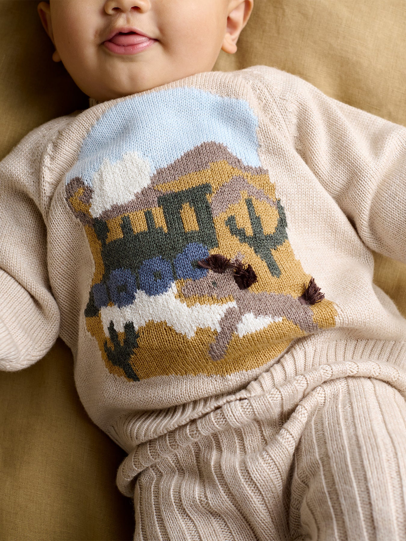 Baby Two Piece Train Knitted Set Cream