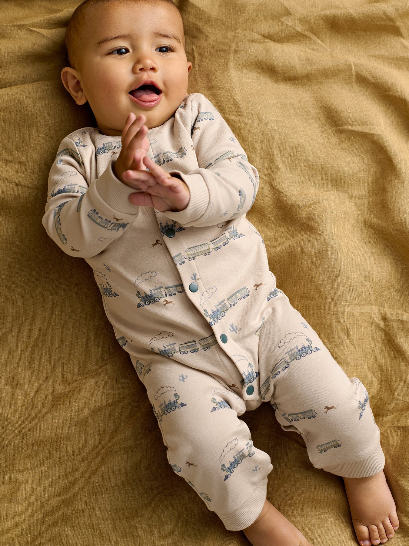 Baby Train Print Romper Blue