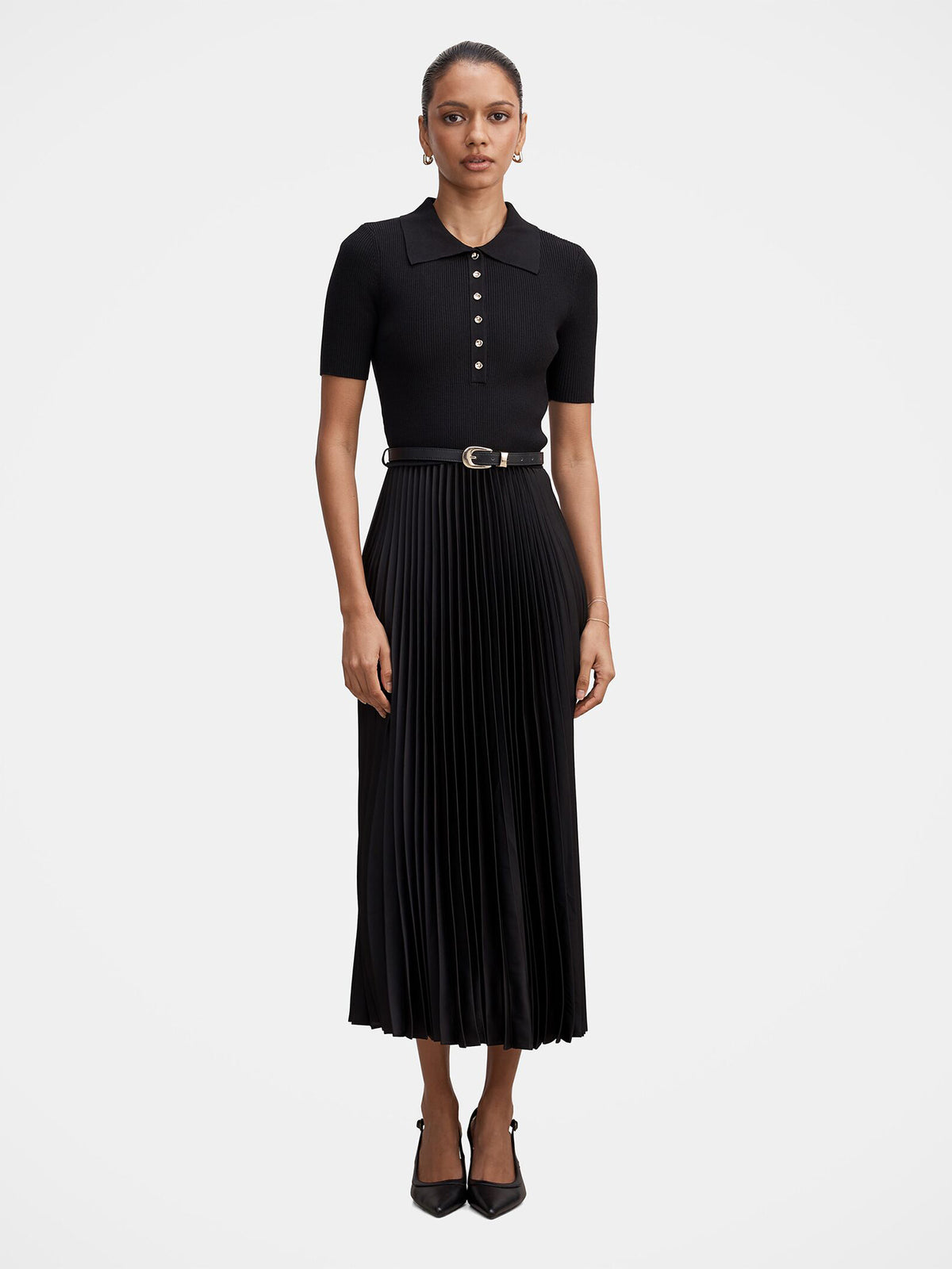 Priya Petite Satin Pleated Dress - Black