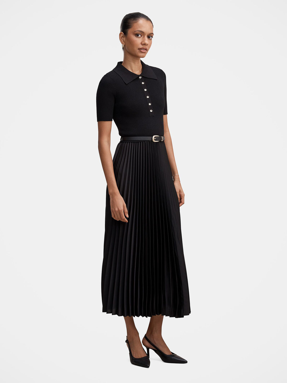 Priya Petite Satin Pleated Dress - Black
