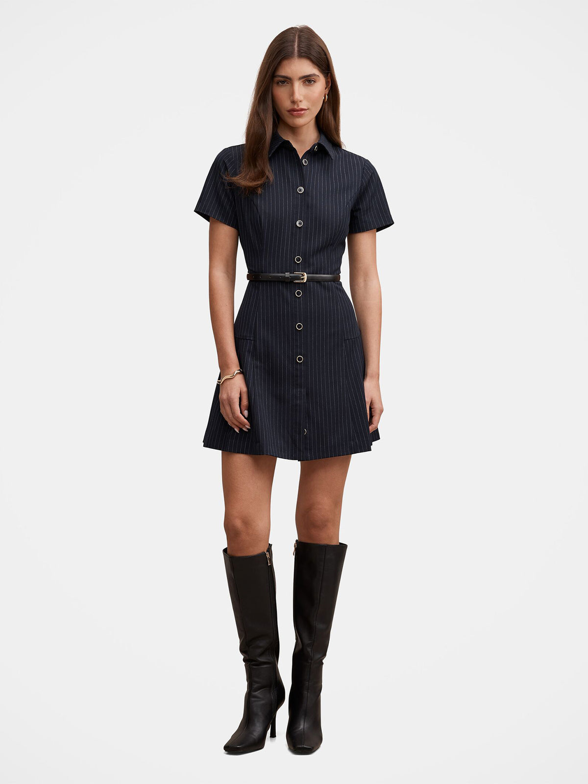 Gigi Pleated Button-Down Mini Dress - Navy