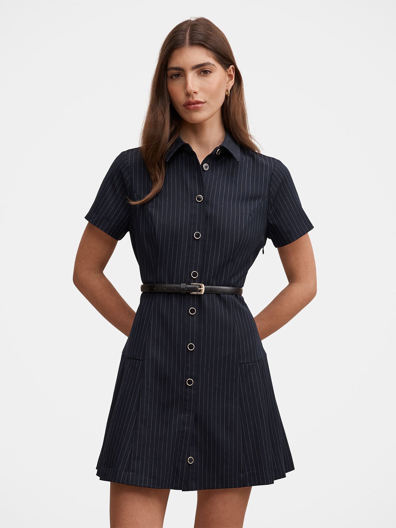 Gigi Pleated Button-Down Mini Dress - Navy