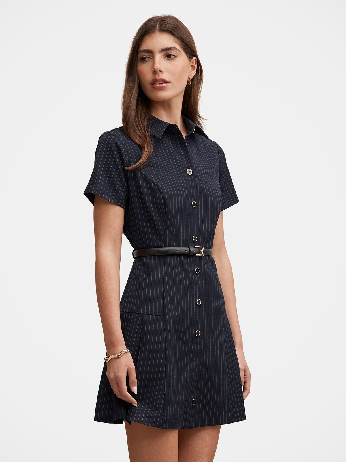 Gigi Pleated Button-Down Mini Dress - Navy