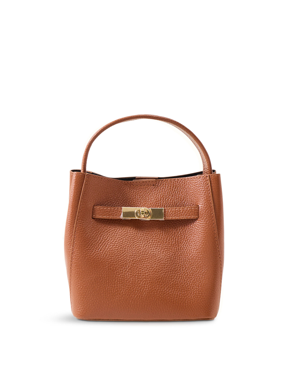Wonder Golden Lock Leather Bucket Bag - Dark Tan