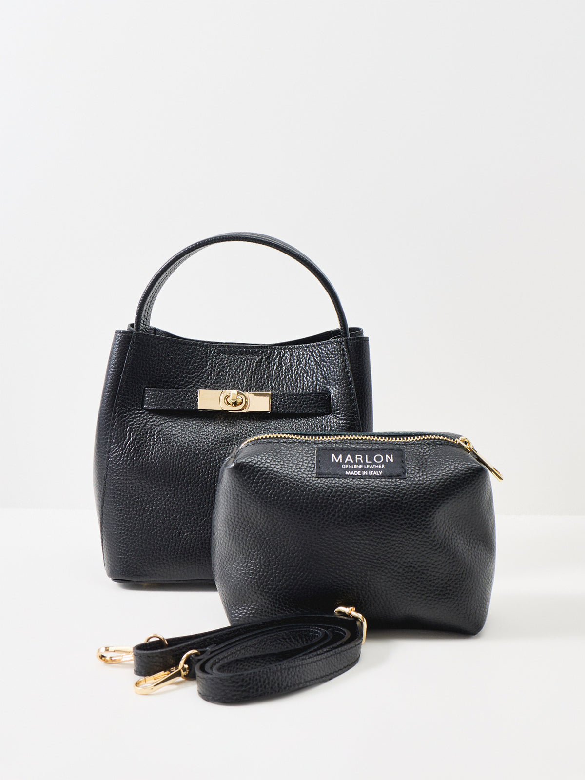 Wonder Golden Lock Leather Bucket Bag - Black
