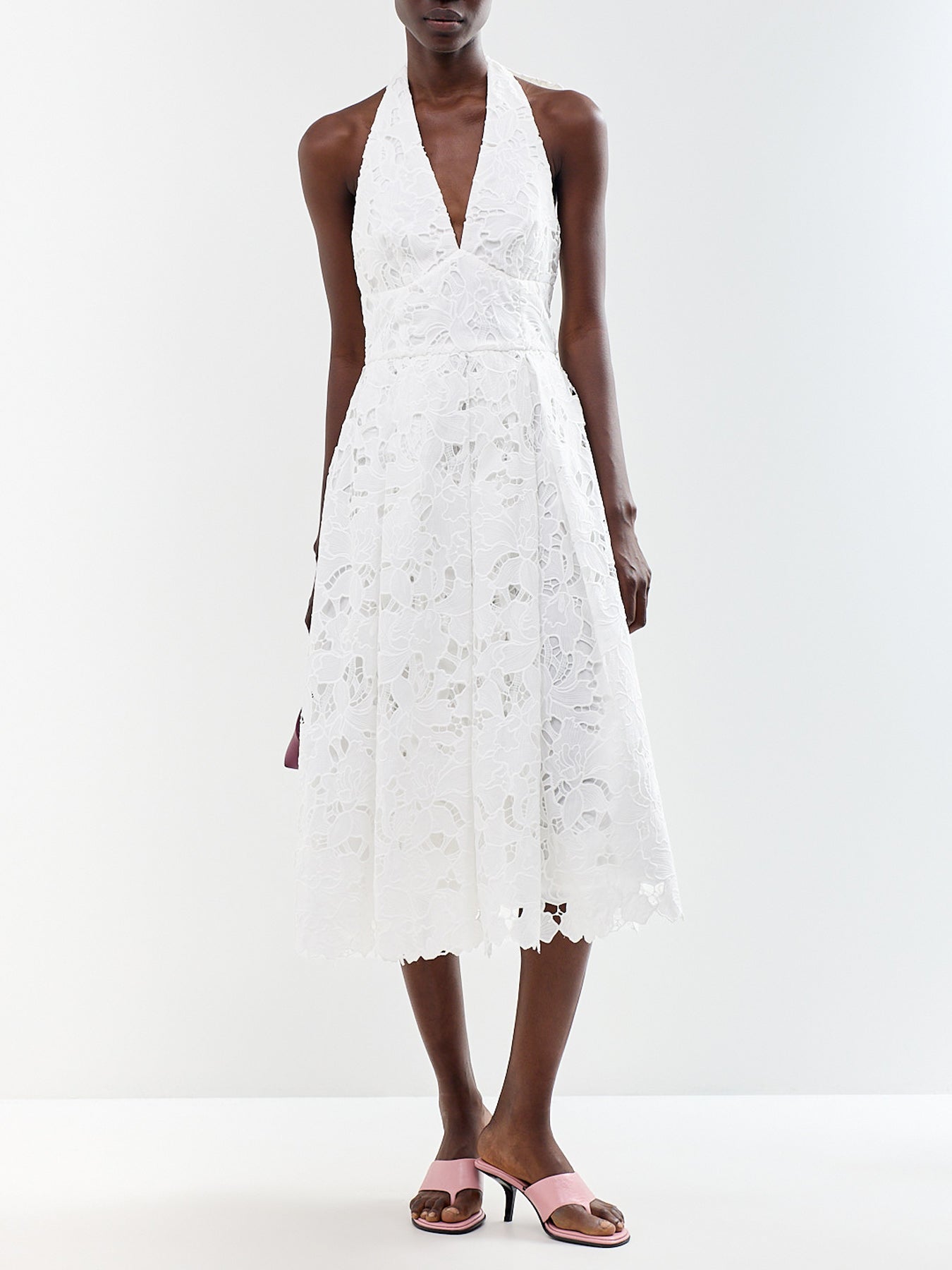 Maribel Lace Plunge-Neck Midi Dress White