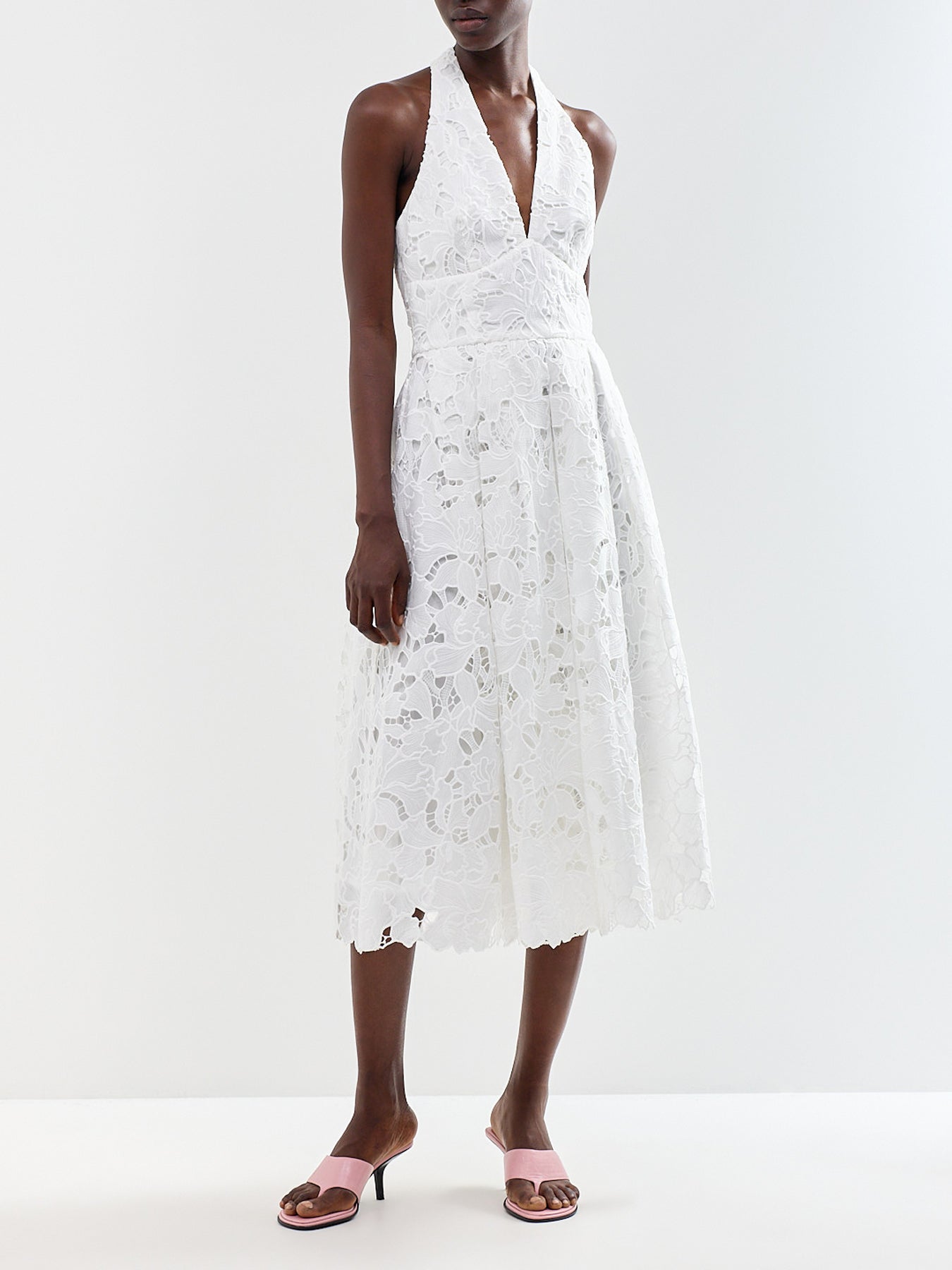 Maribel Lace Plunge-Neck Midi Dress White