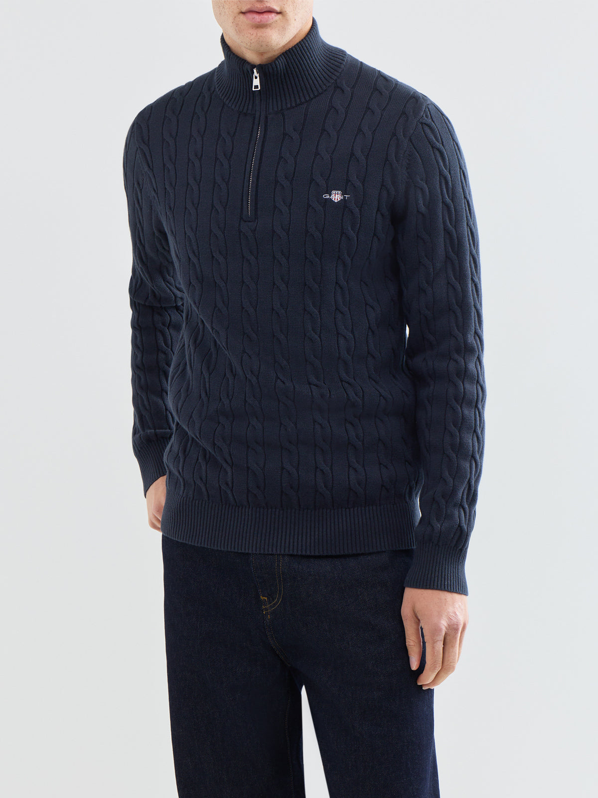 Organic Cotton Blend Cable Knit Half-Zip Jumper - Evening Blue
