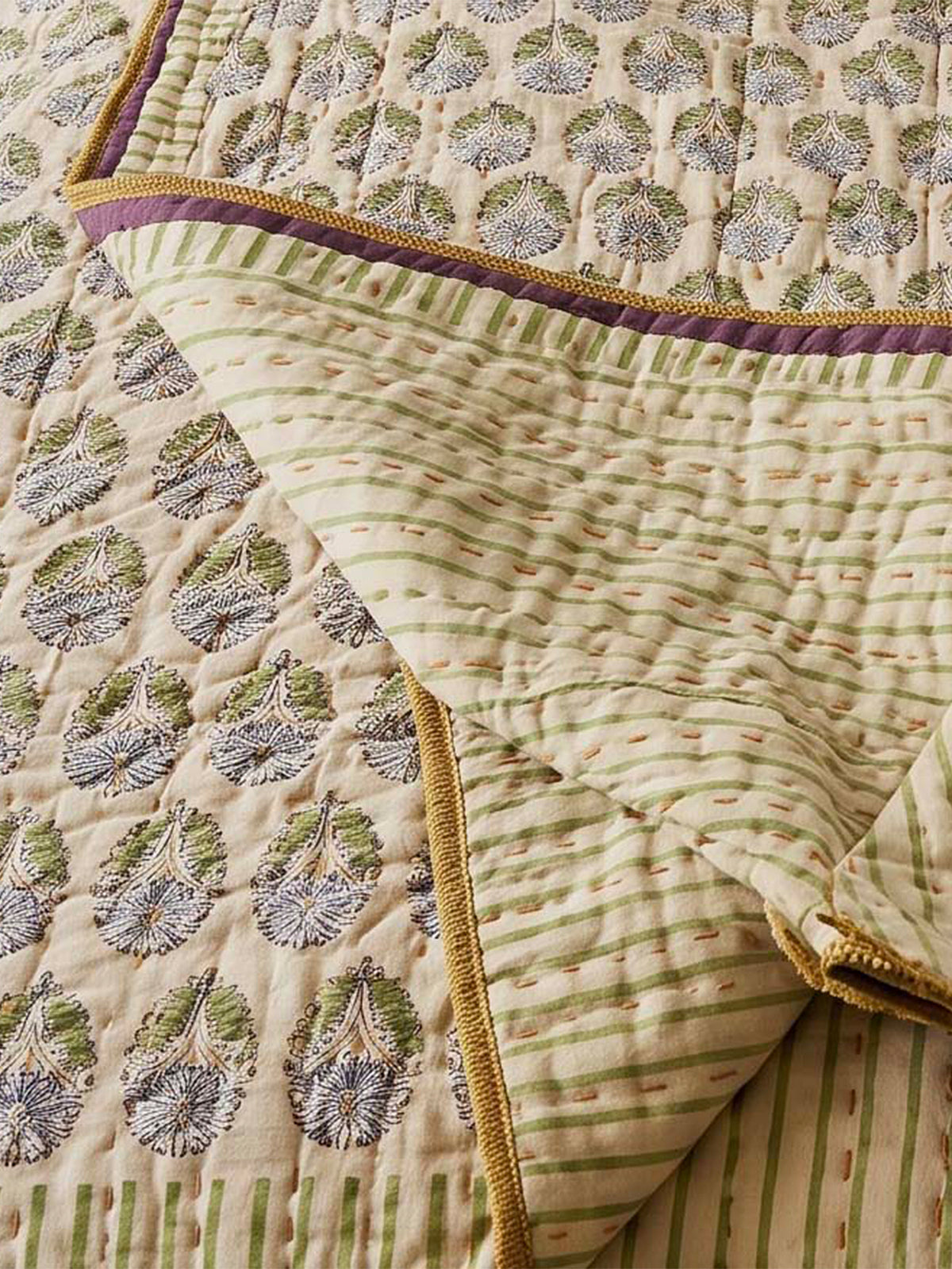 Lila Kantha Cotton Bedspread