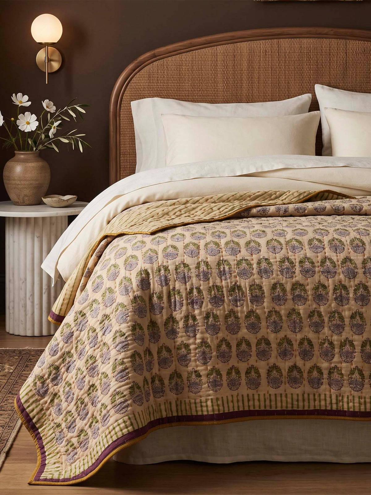 Lila Kantha Cotton Bedspread