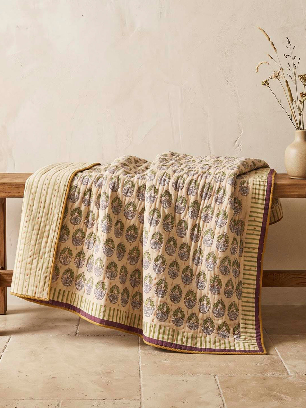 Lila Kantha Cotton Bedspread