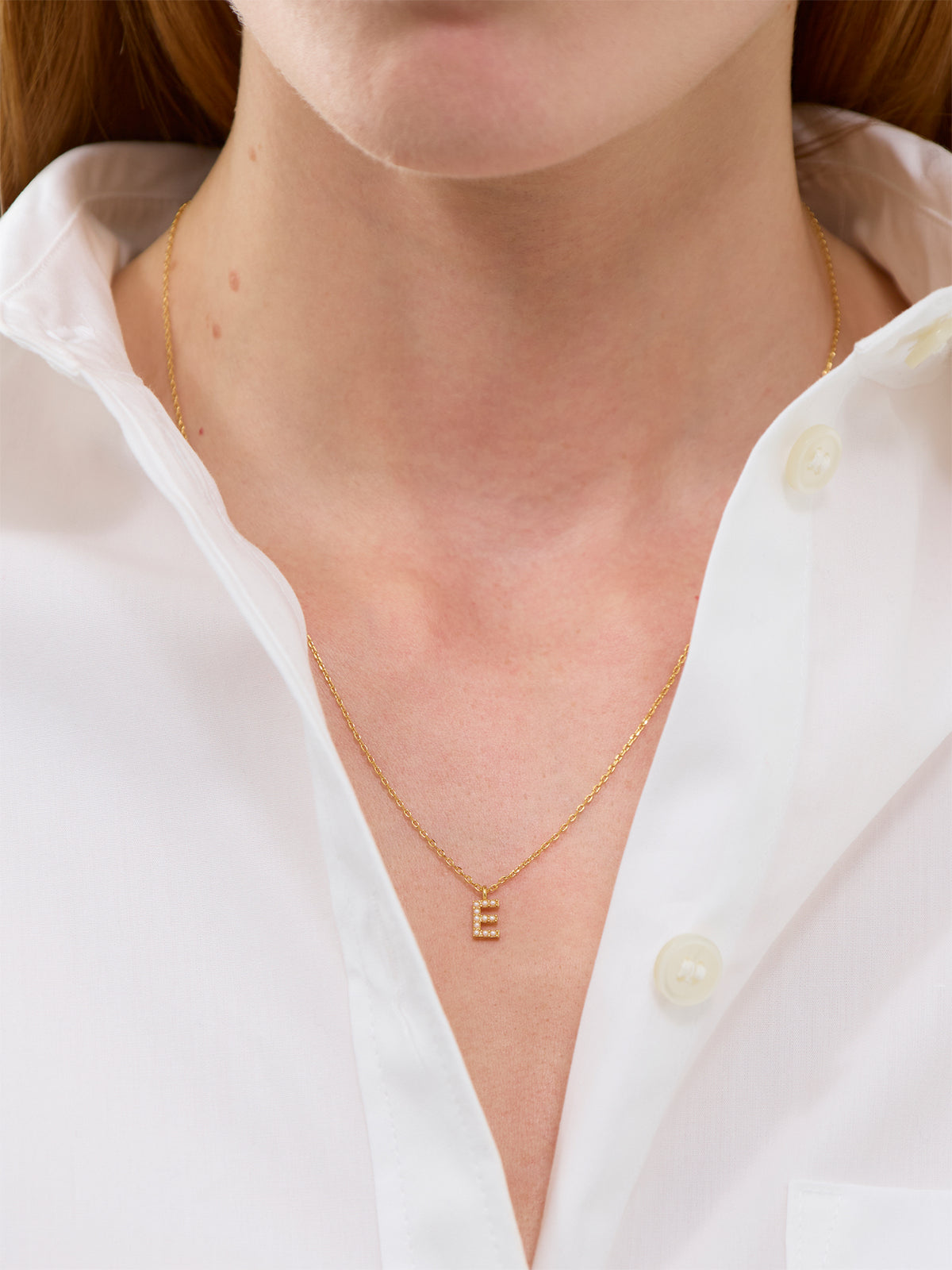 Tiny Pearl Initial E Charm Necklace in 14KT Gold-Plated Brass