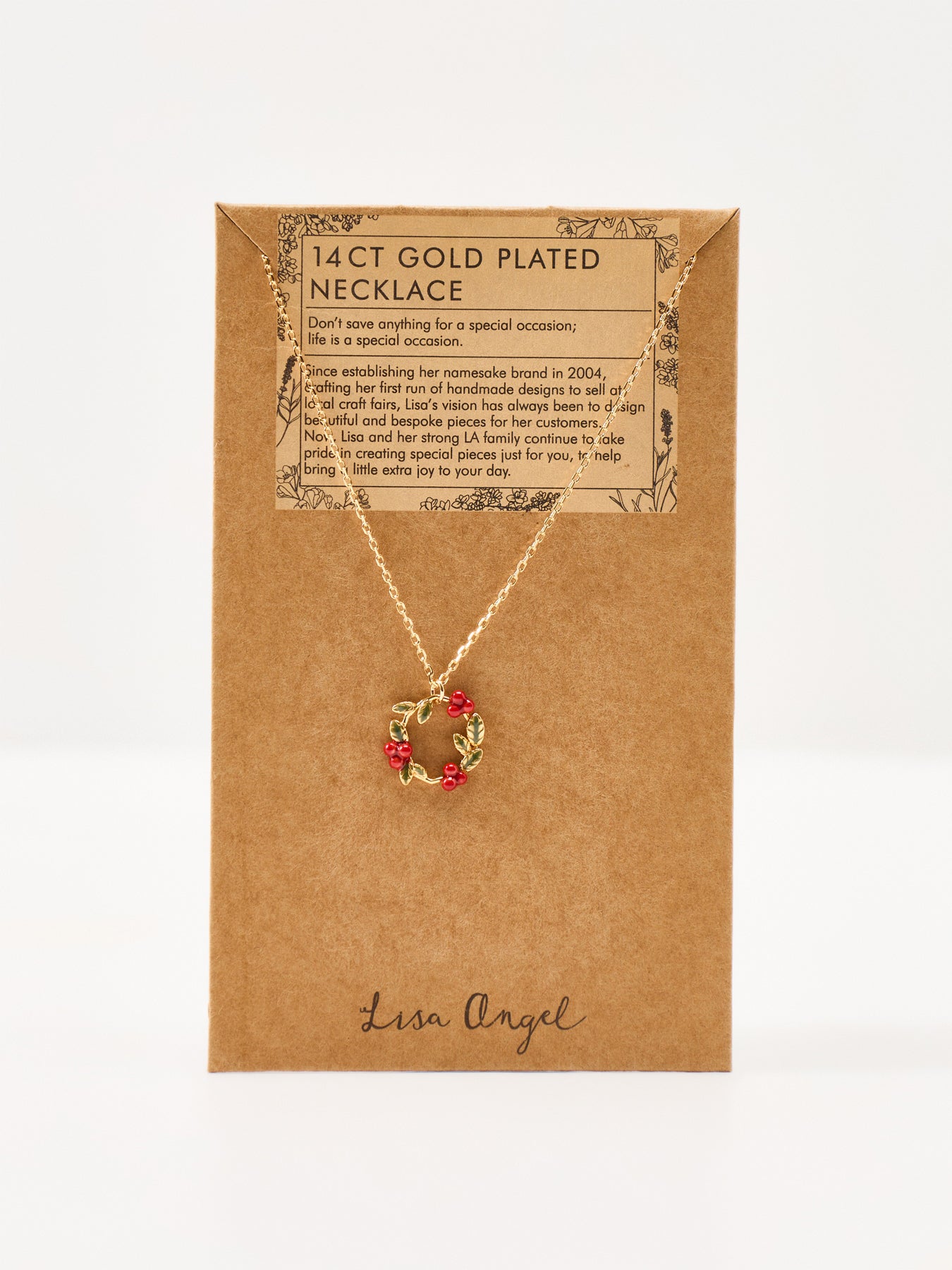 14KT Gold-Plated Enamel Holly Festive Pendant Necklace