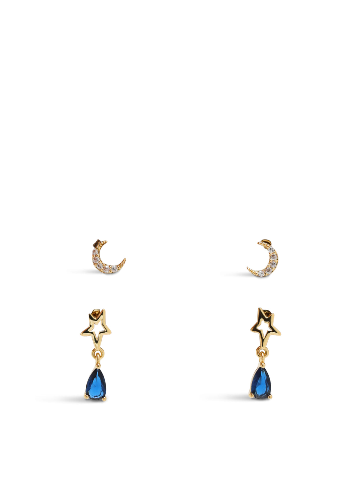 14KT Gold-Plated Crystal Moon Stud & Blue Drop Earring Set