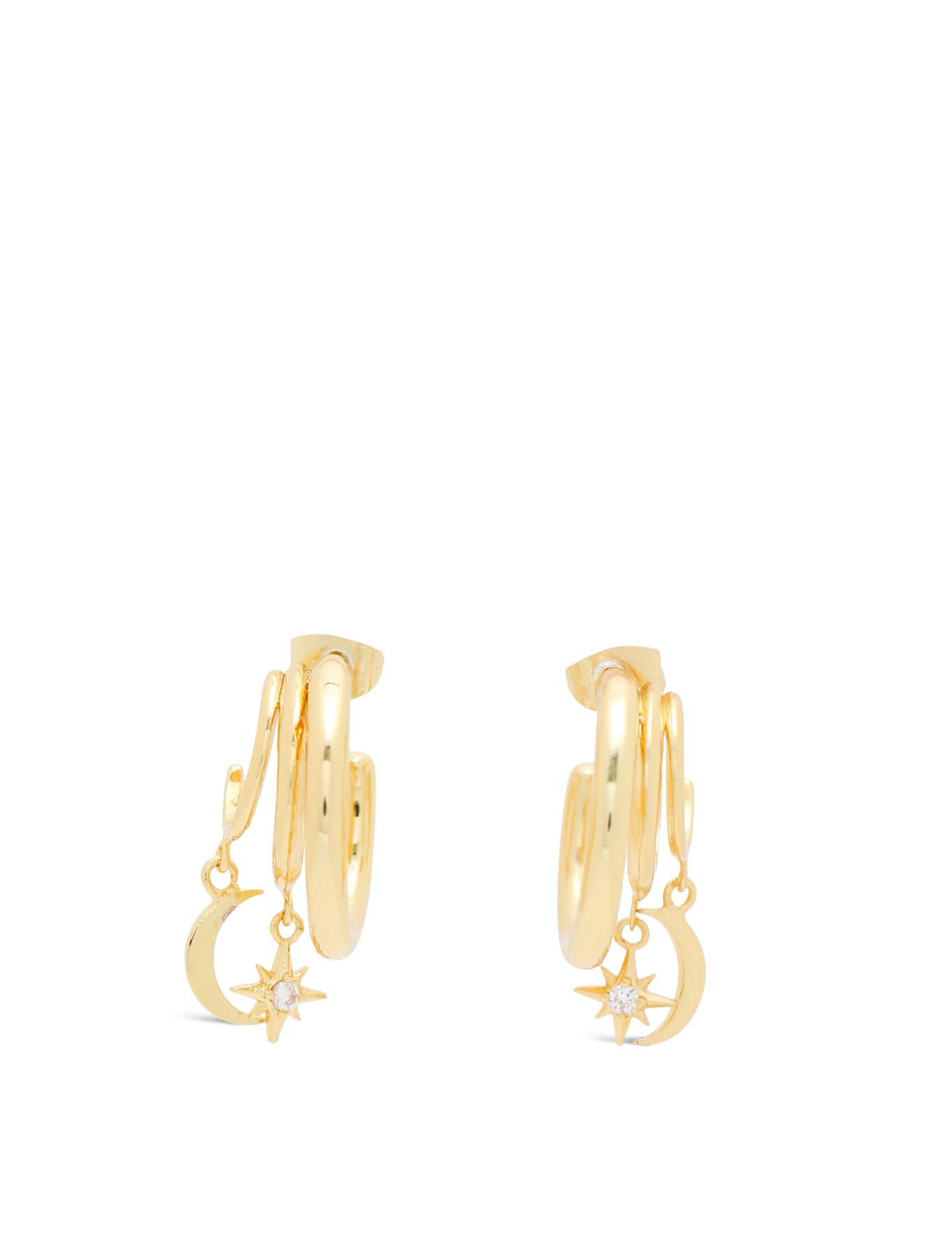 14KT Gold-Plated Cubic Zirconia Double Illusion Moon & Star Hoop Earrings