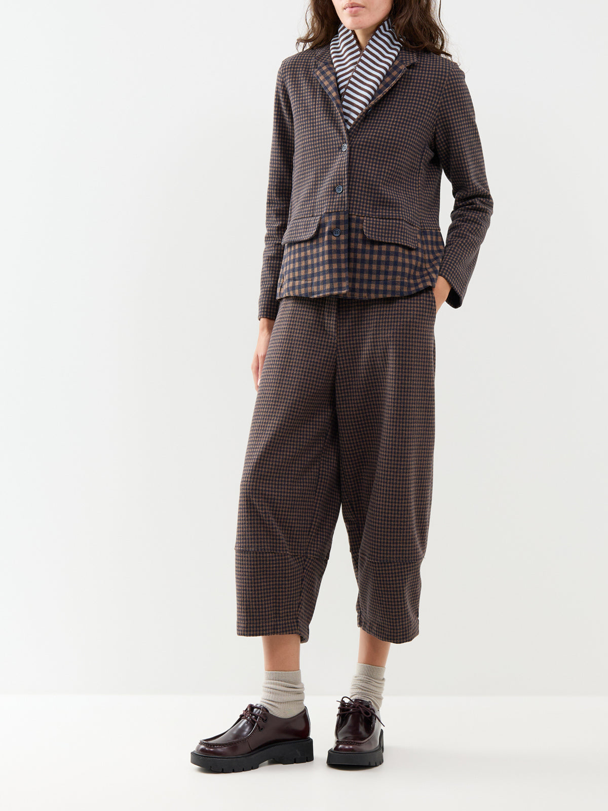 Cotton Blend Collared Check Jacket - Navy & Coffee