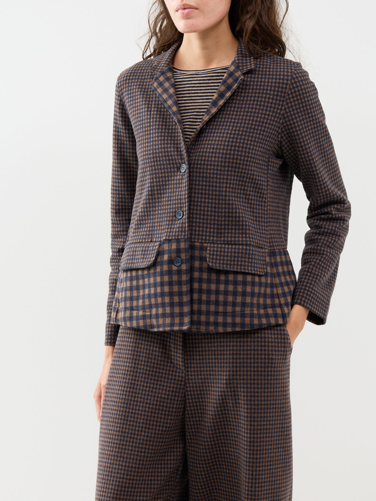 Cotton Blend Collared Check Jacket - Navy & Coffee