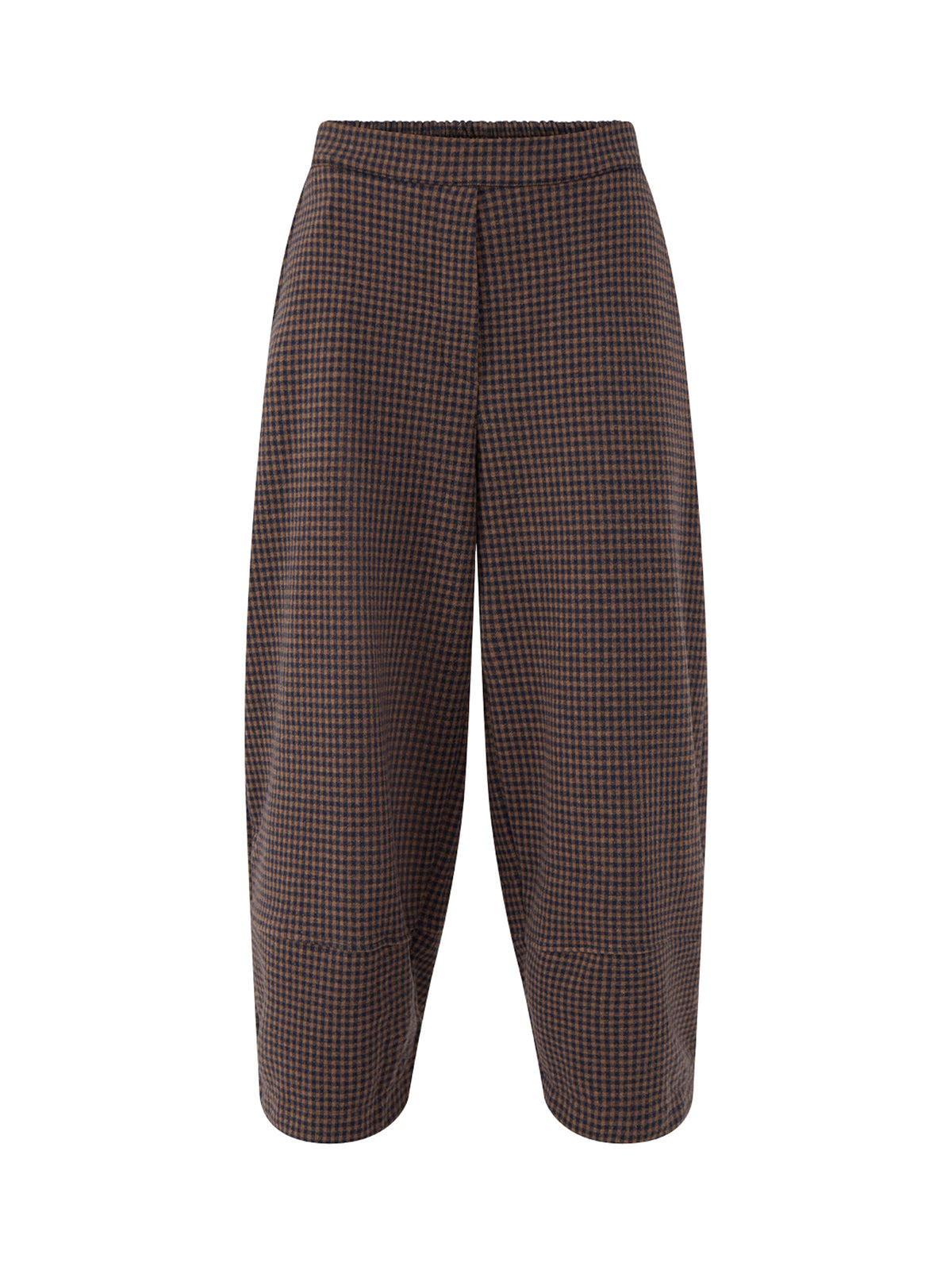 Cotton Blend Barrel-Leg Check Trousers - Navy & Coffee