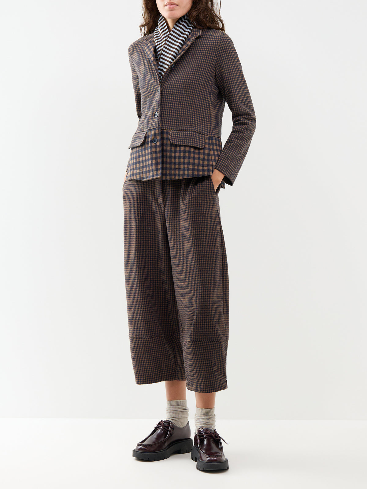 Cotton Blend Barrel-Leg Check Trousers - Navy & Coffee