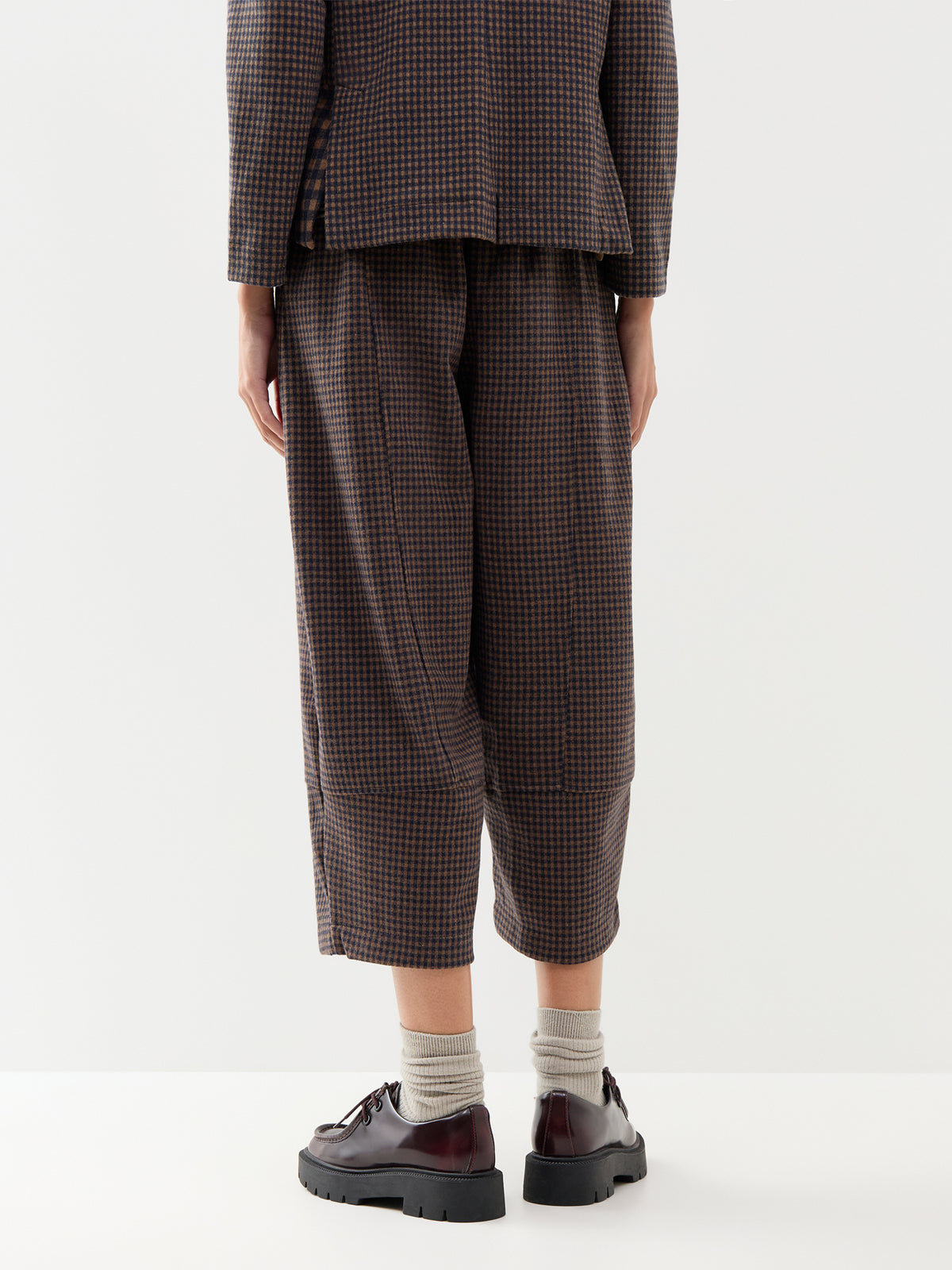 Cotton Blend Barrel-Leg Check Trousers - Navy & Coffee