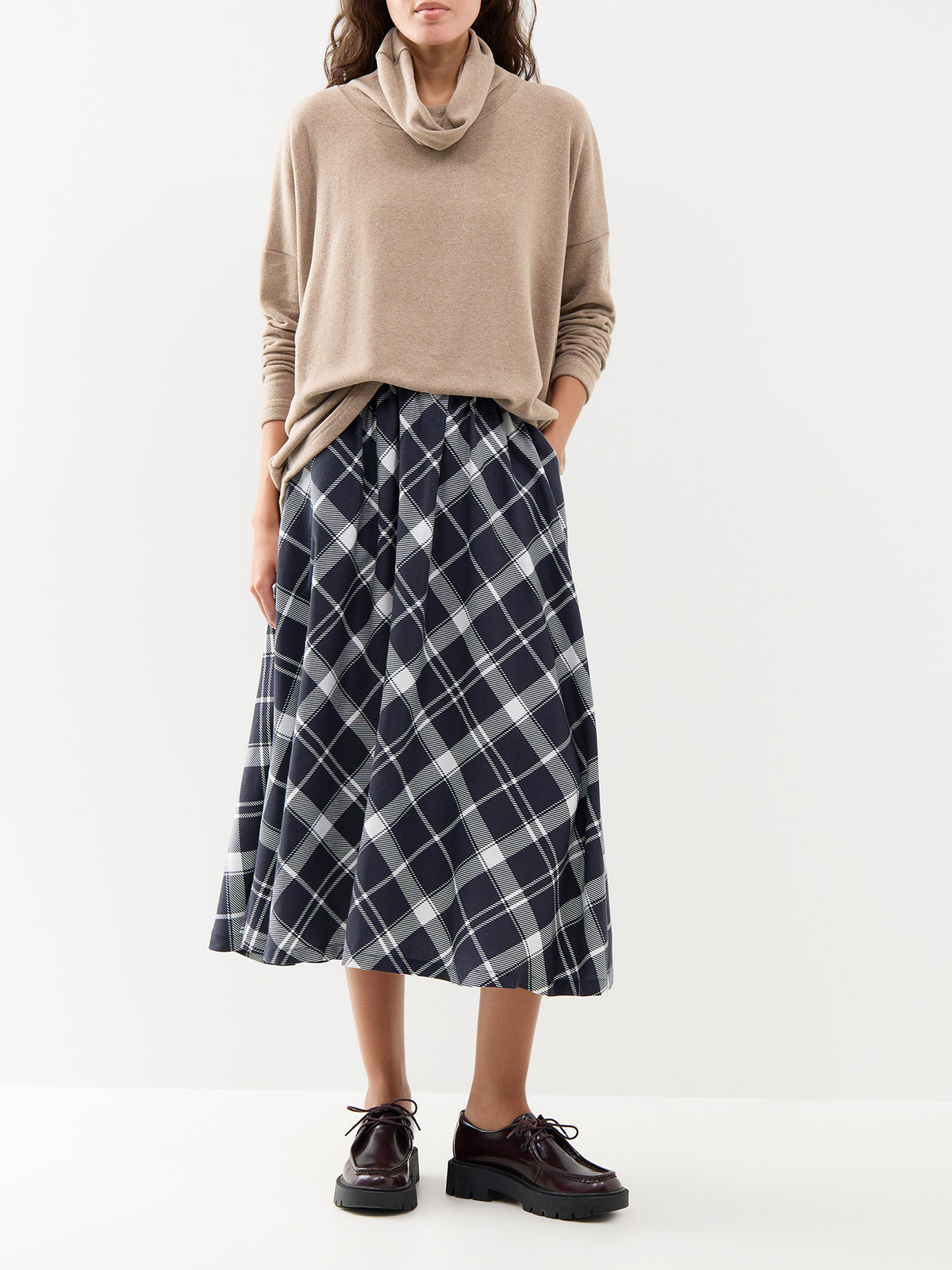 Cotton Blend Striped Roll Neck Jumper - Navy & Light Coffee