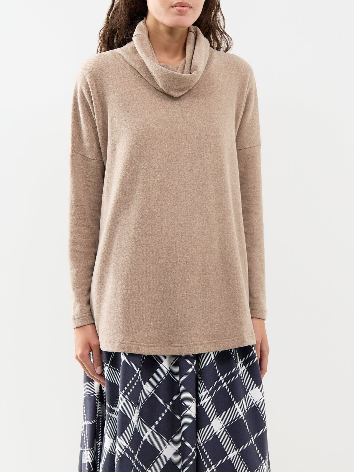 Cotton Blend Striped Roll Neck Jumper - Navy & Light Coffee