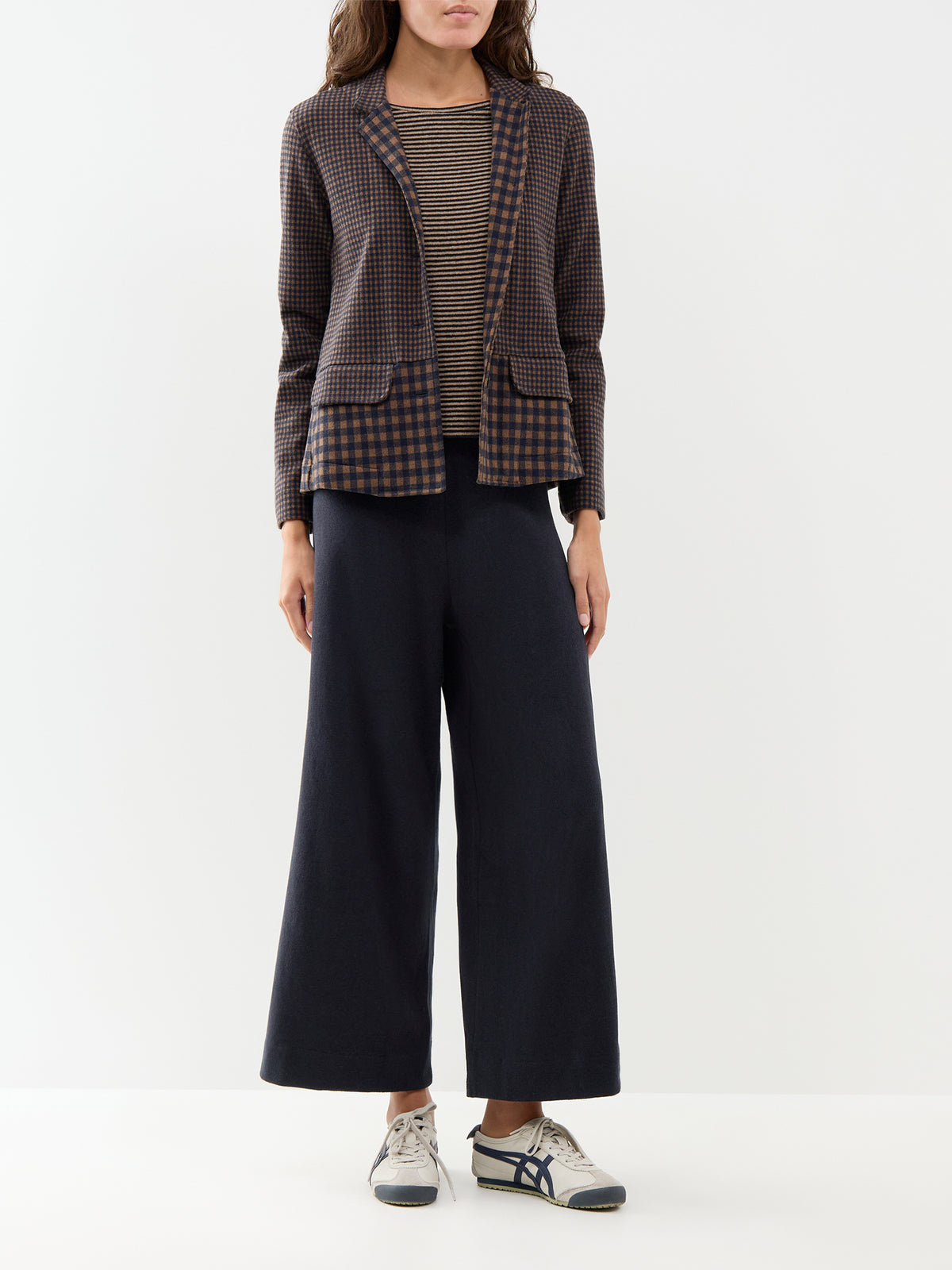 Cotton Blend Fleece Wide-Leg Trousers - Navy