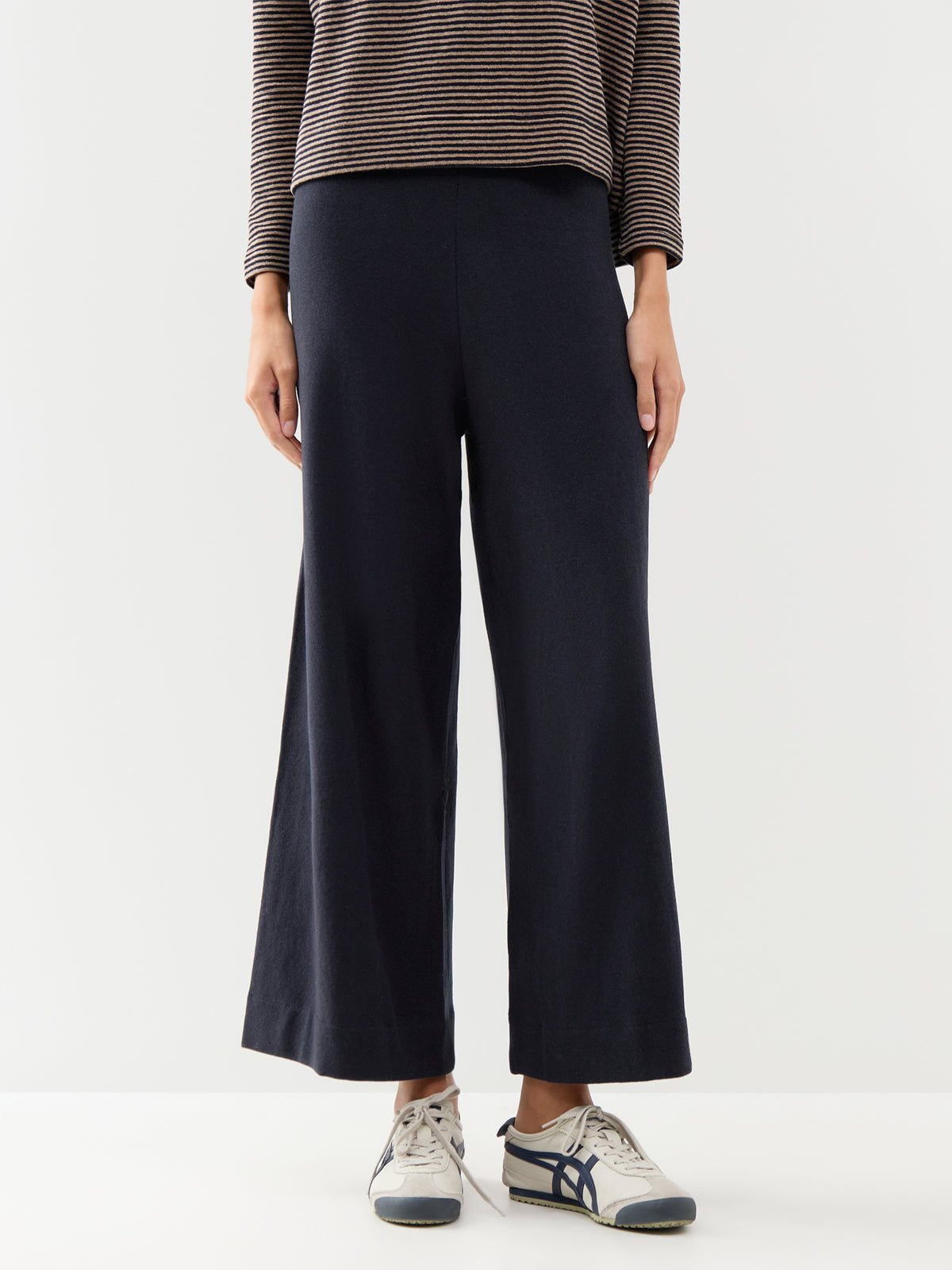 Cotton Blend Fleece Wide-Leg Trousers - Navy