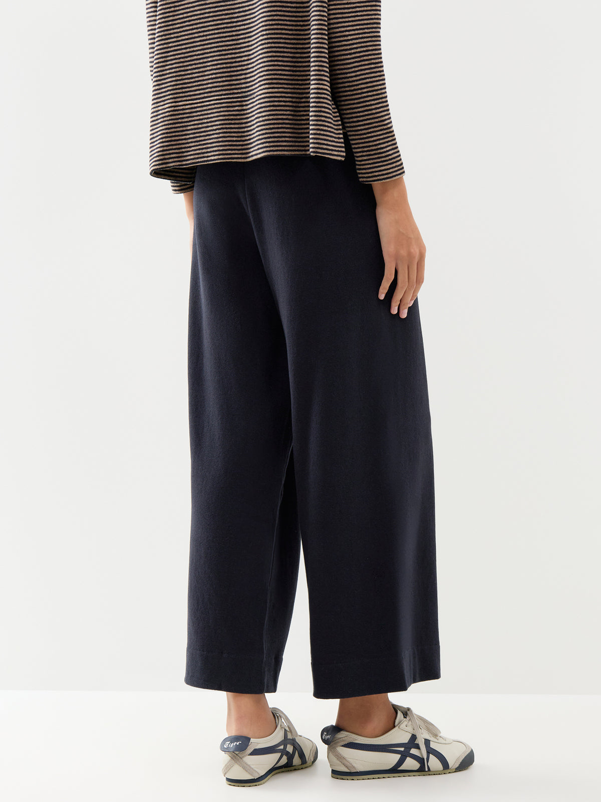 Cotton Blend Fleece Wide-Leg Trousers - Navy