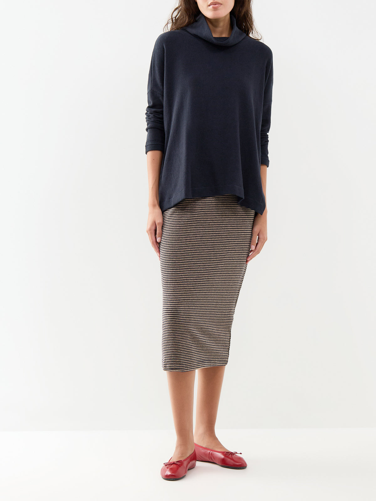 Cotton Blend High Neck Jumper - Navy