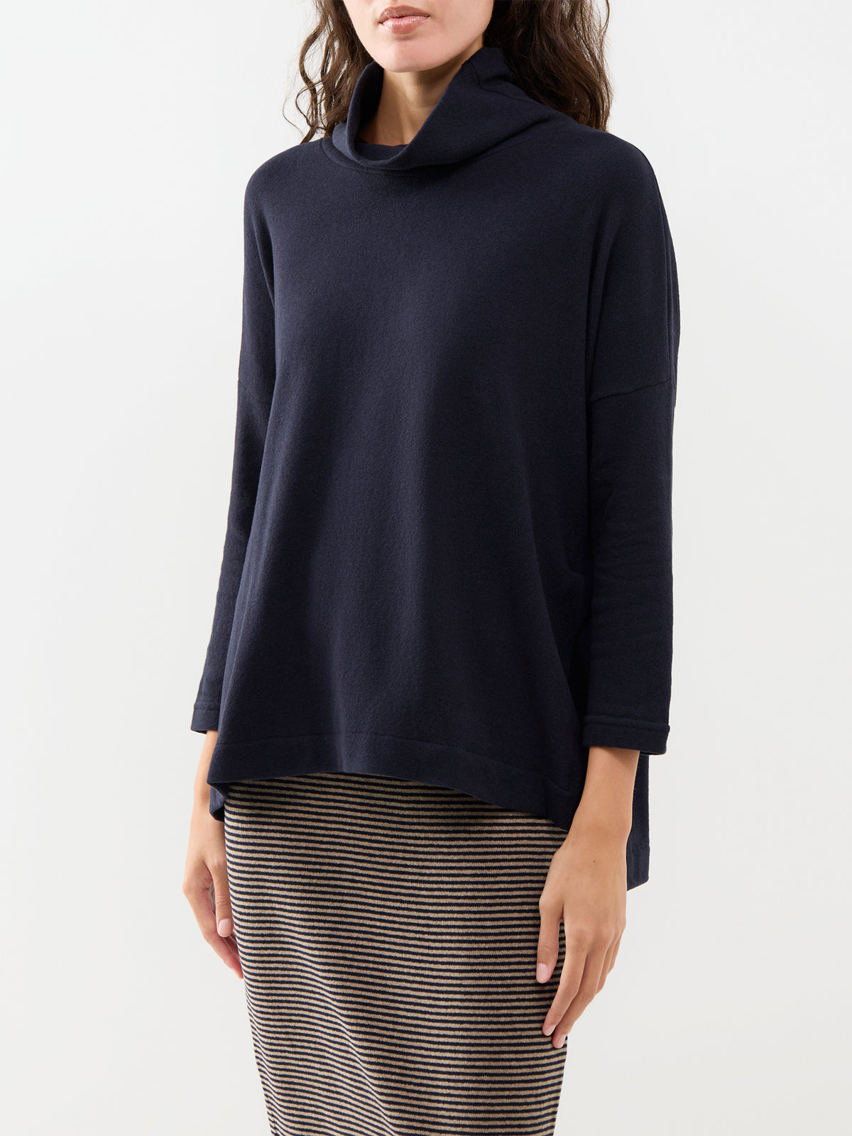 Cotton Blend High Neck Jumper - Navy