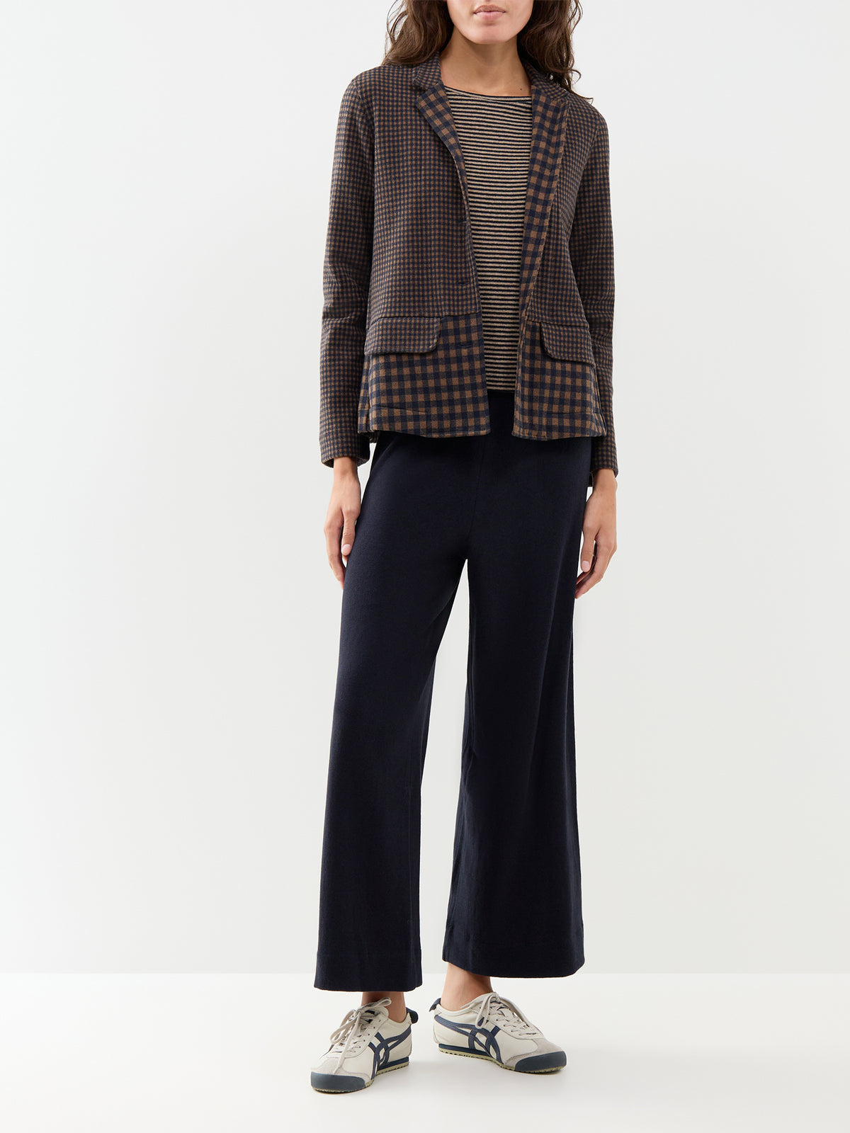 Cotton Blend Striped Boat Neck Jumper - Navy & Coffee
