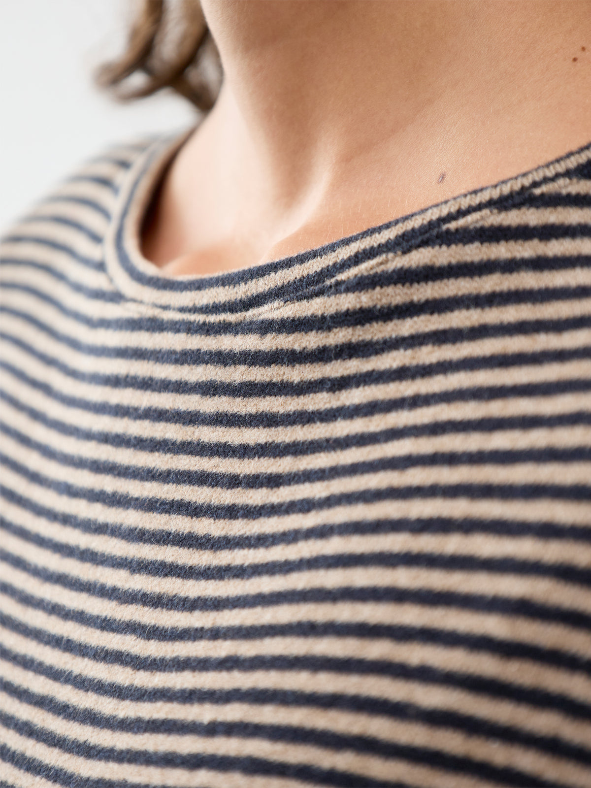 Cotton Blend Striped Boat Neck Jumper - Navy & Coffee