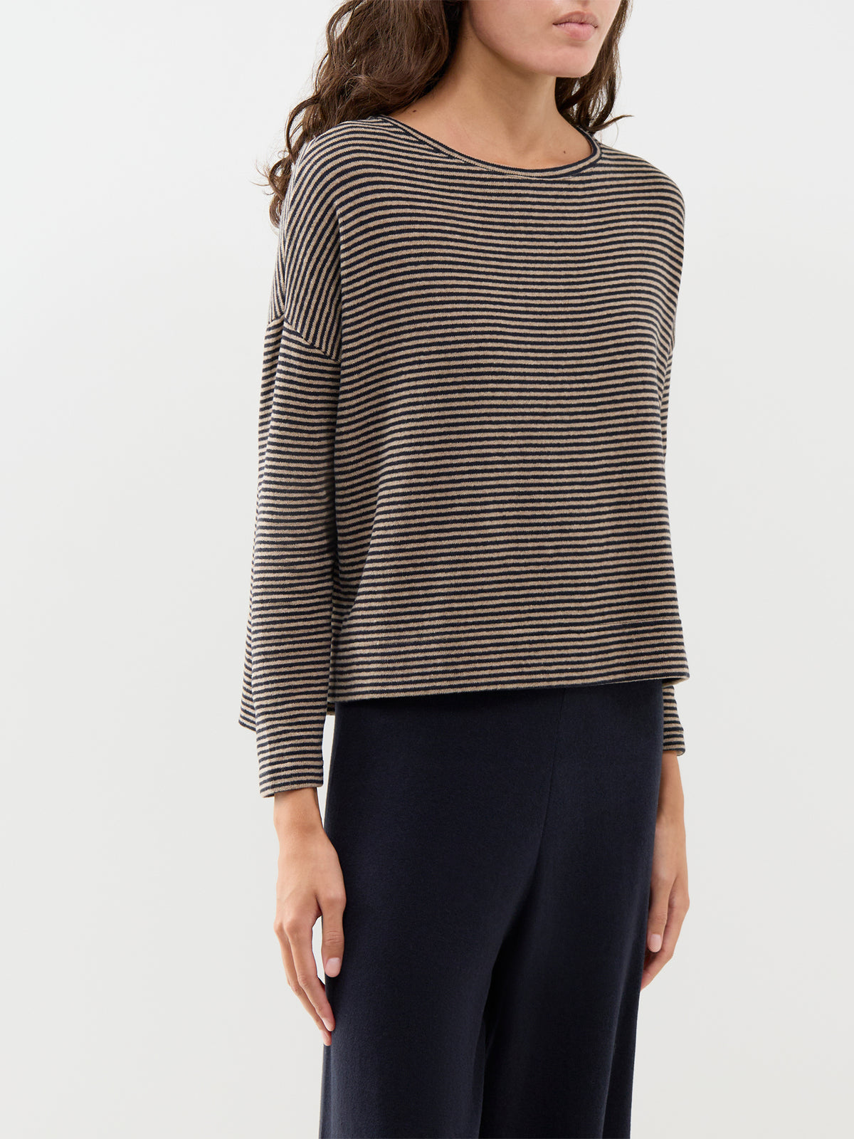 Cotton Blend Striped Boat Neck Jumper - Navy & Coffee