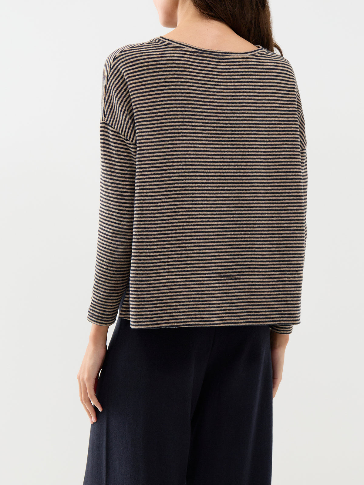 Cotton Blend Striped Boat Neck Jumper - Navy & Coffee