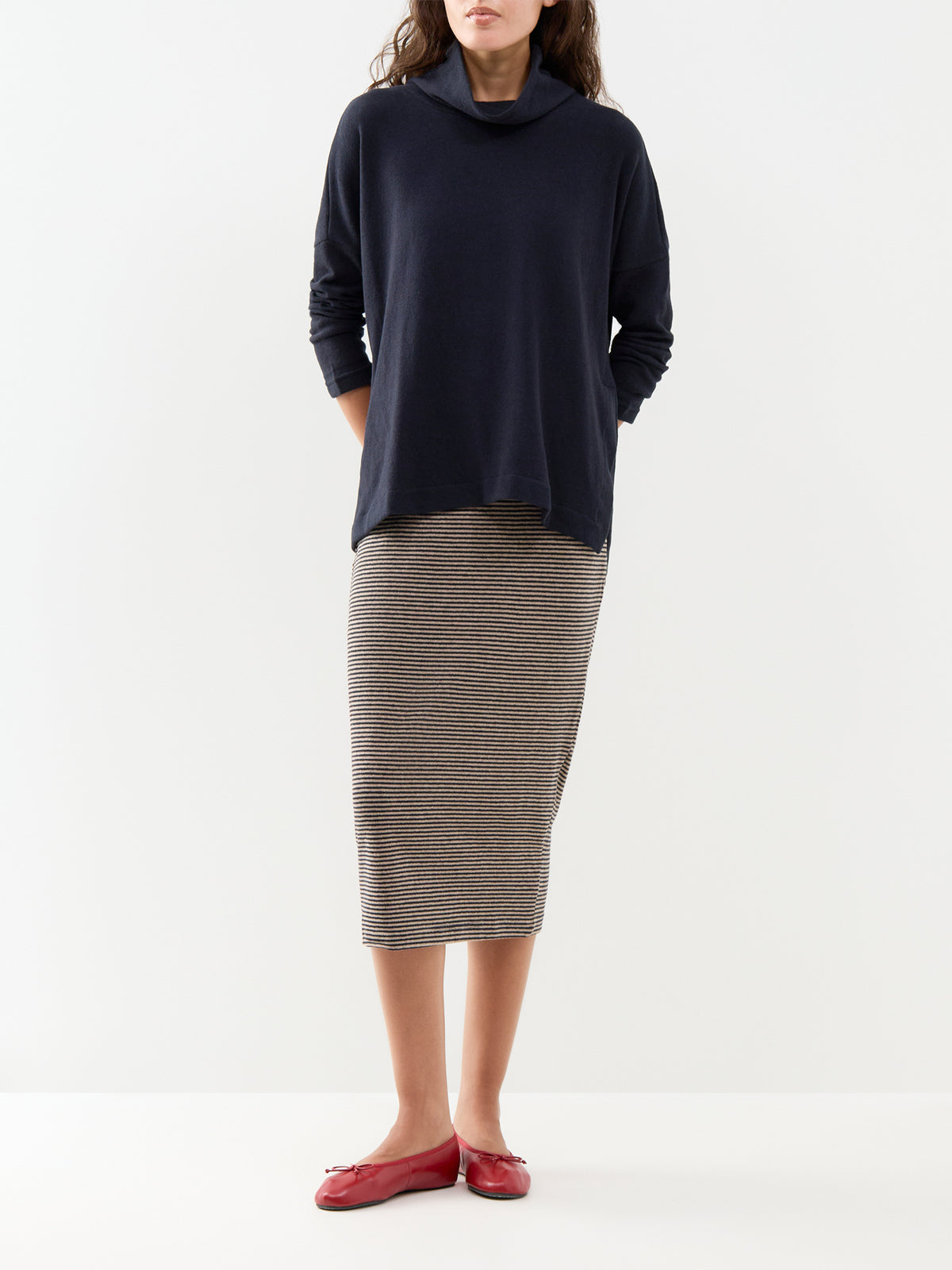 Cotton Blend Striped Midi Skirt - Navy & Coffee