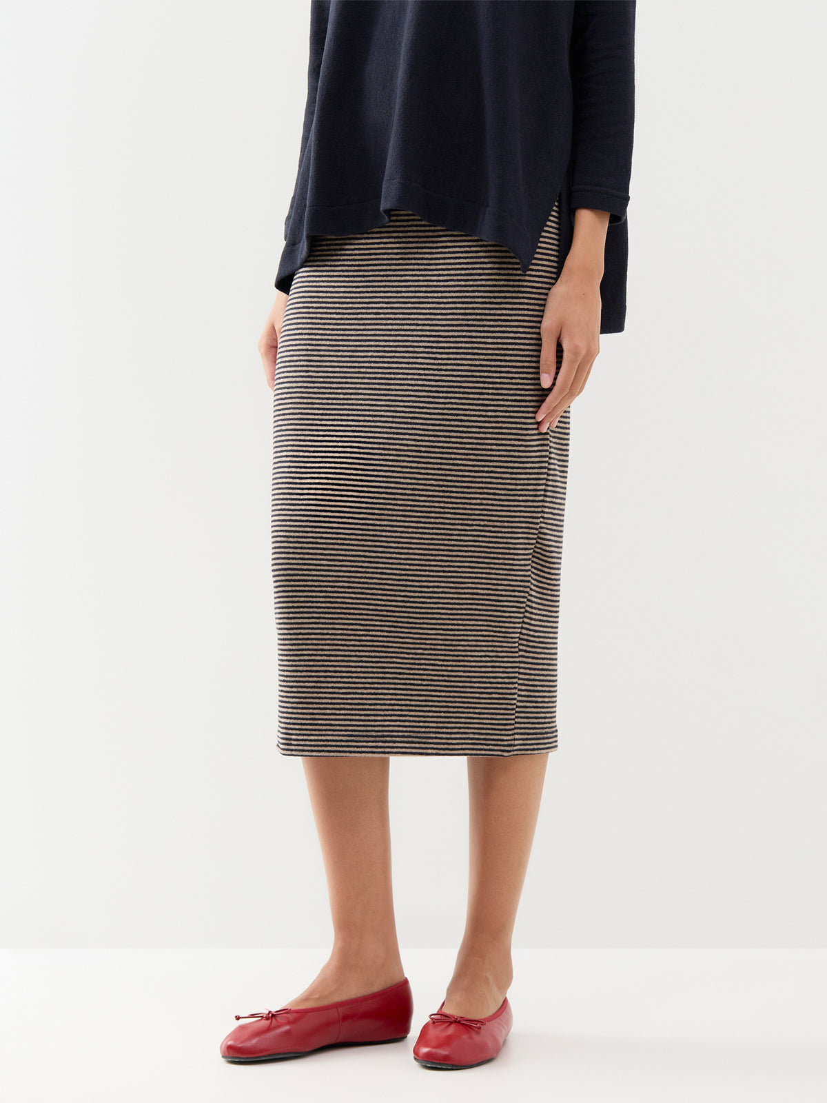 Cotton Blend Striped Midi Skirt - Navy & Coffee