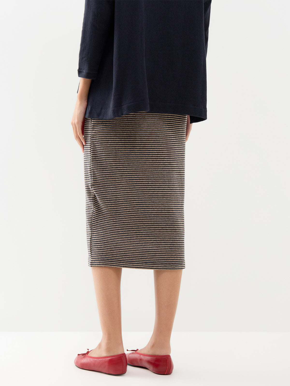 Cotton Blend Striped Midi Skirt - Navy & Coffee