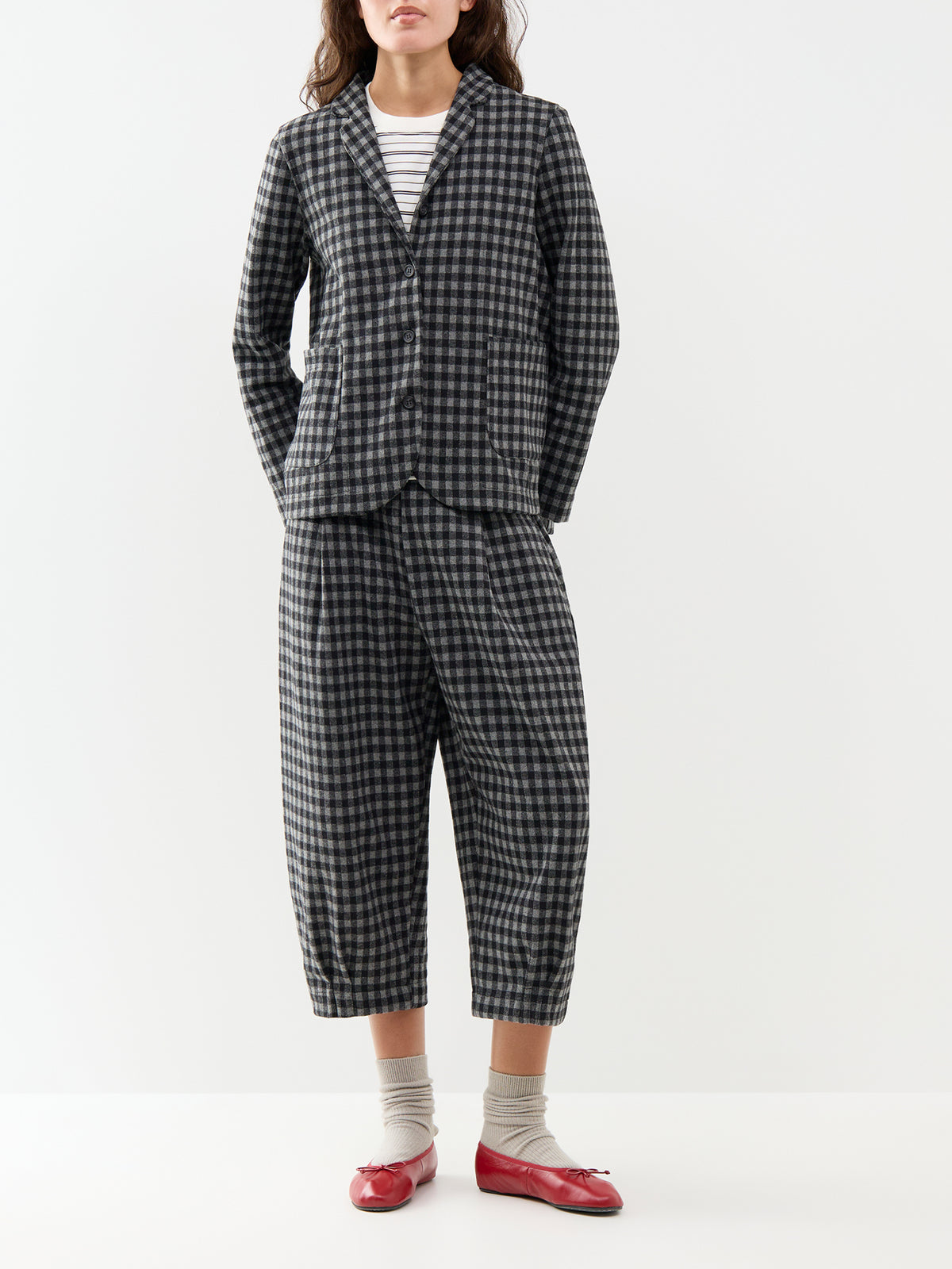 Cotton Blend Large Check Barrel-Leg Trousers - Grey & Black