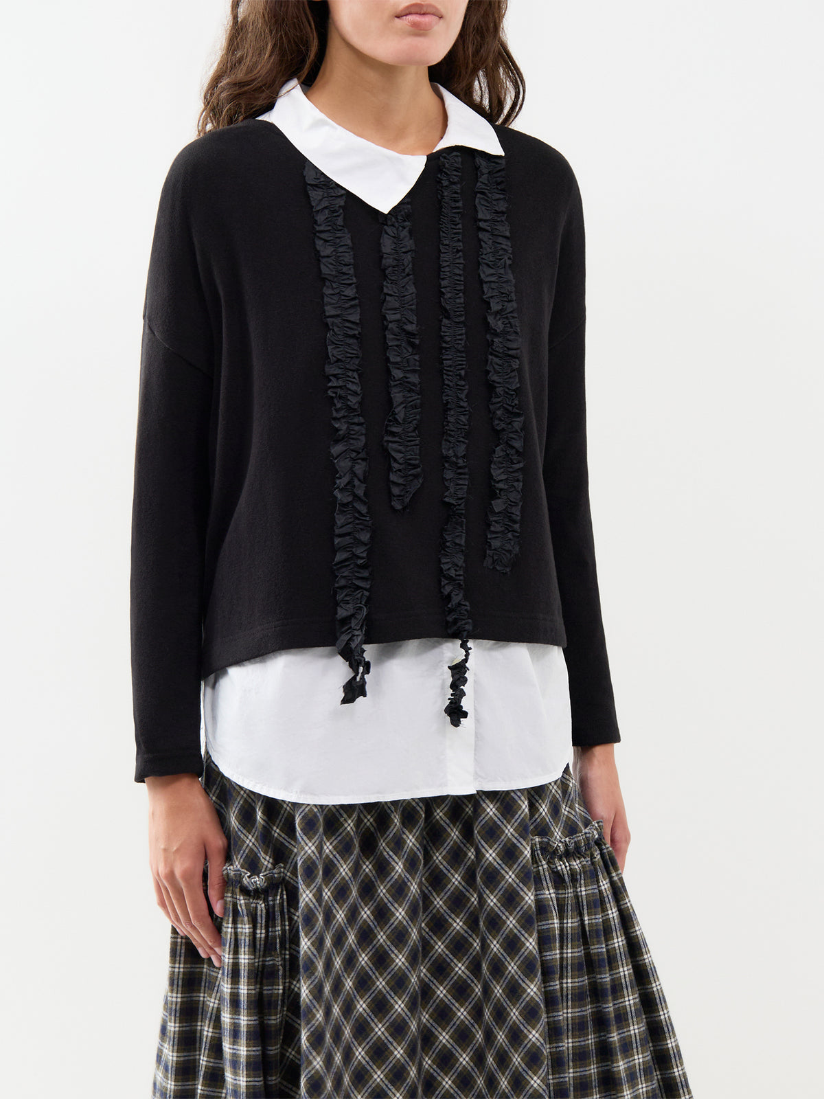 Taffeta Detail Long-Sleeved Knitted Jumper - Black