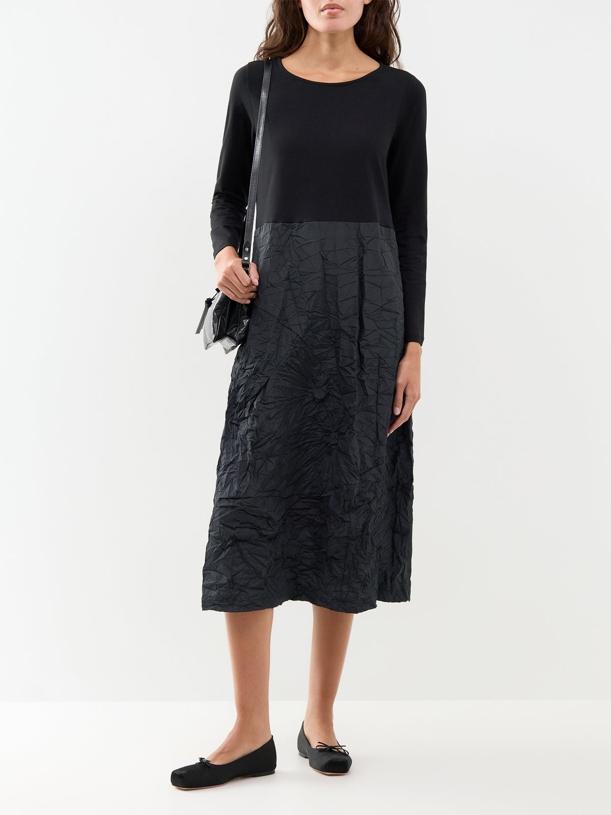 Taffeta Long-Sleeved Midi Dress - Black