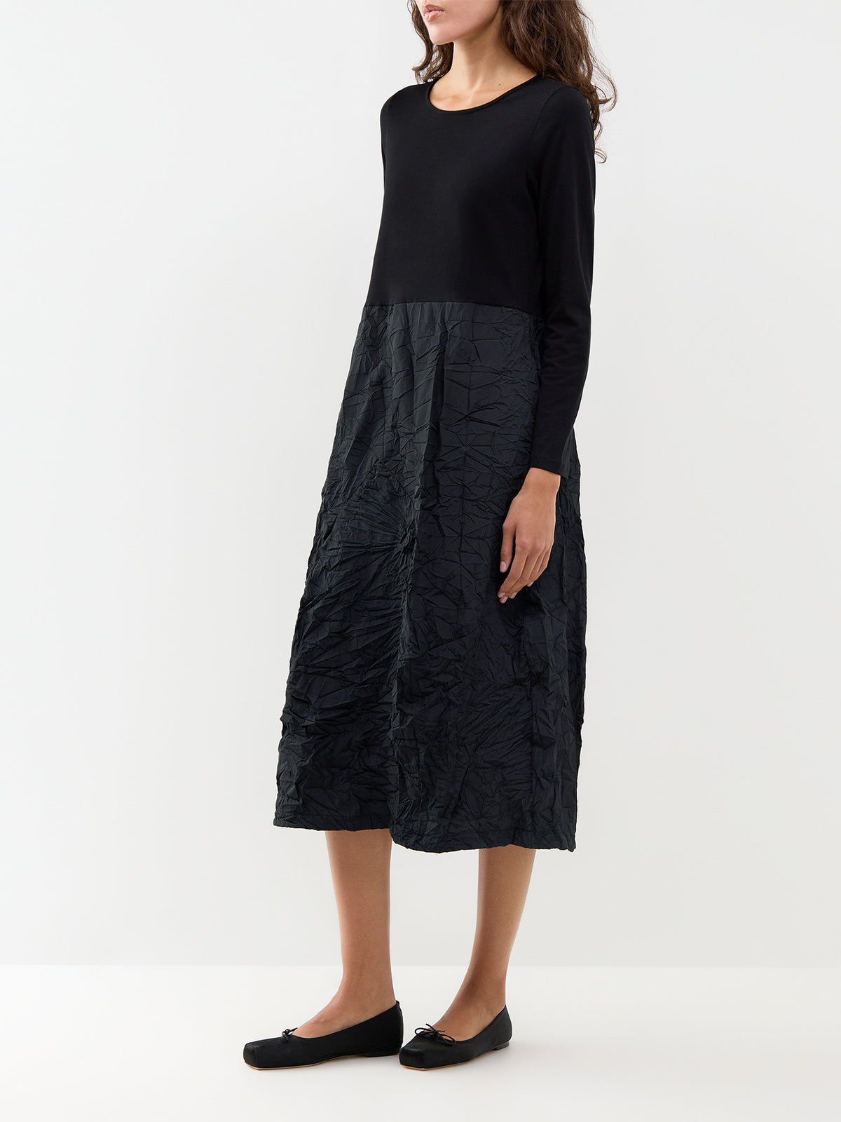 Taffeta Long-Sleeved Midi Dress - Black