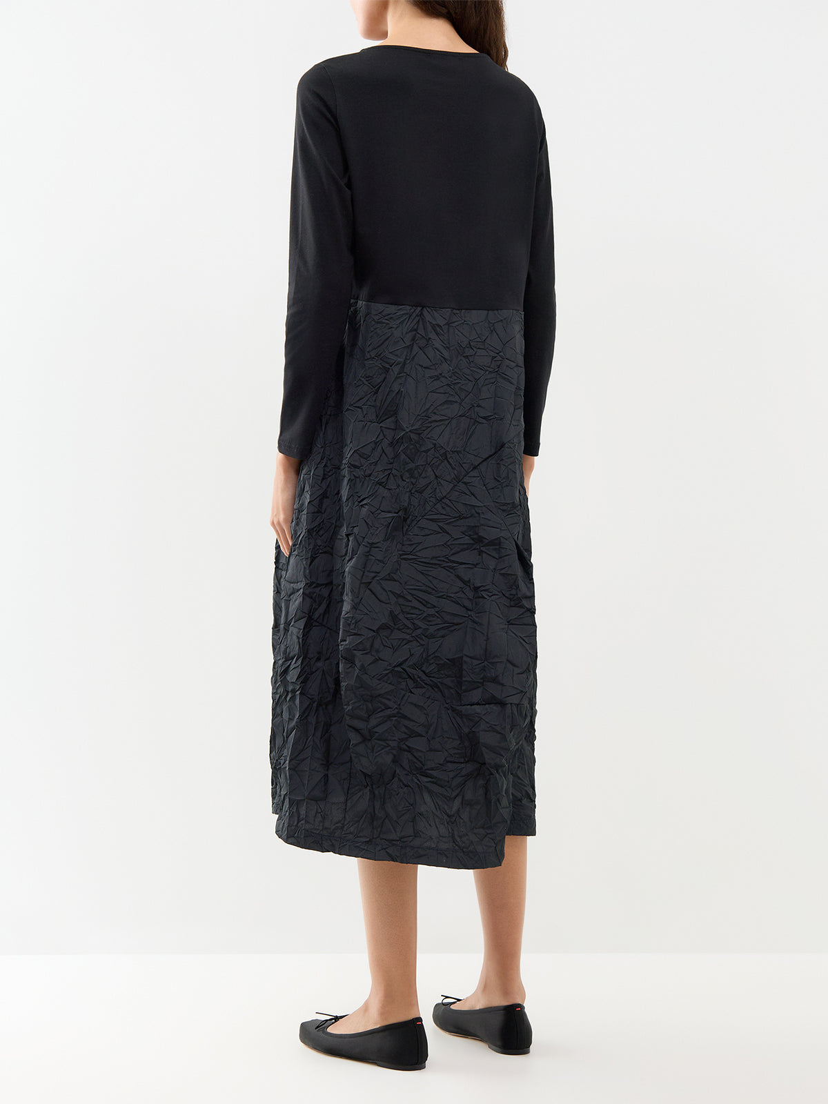 Taffeta Long-Sleeved Midi Dress - Black