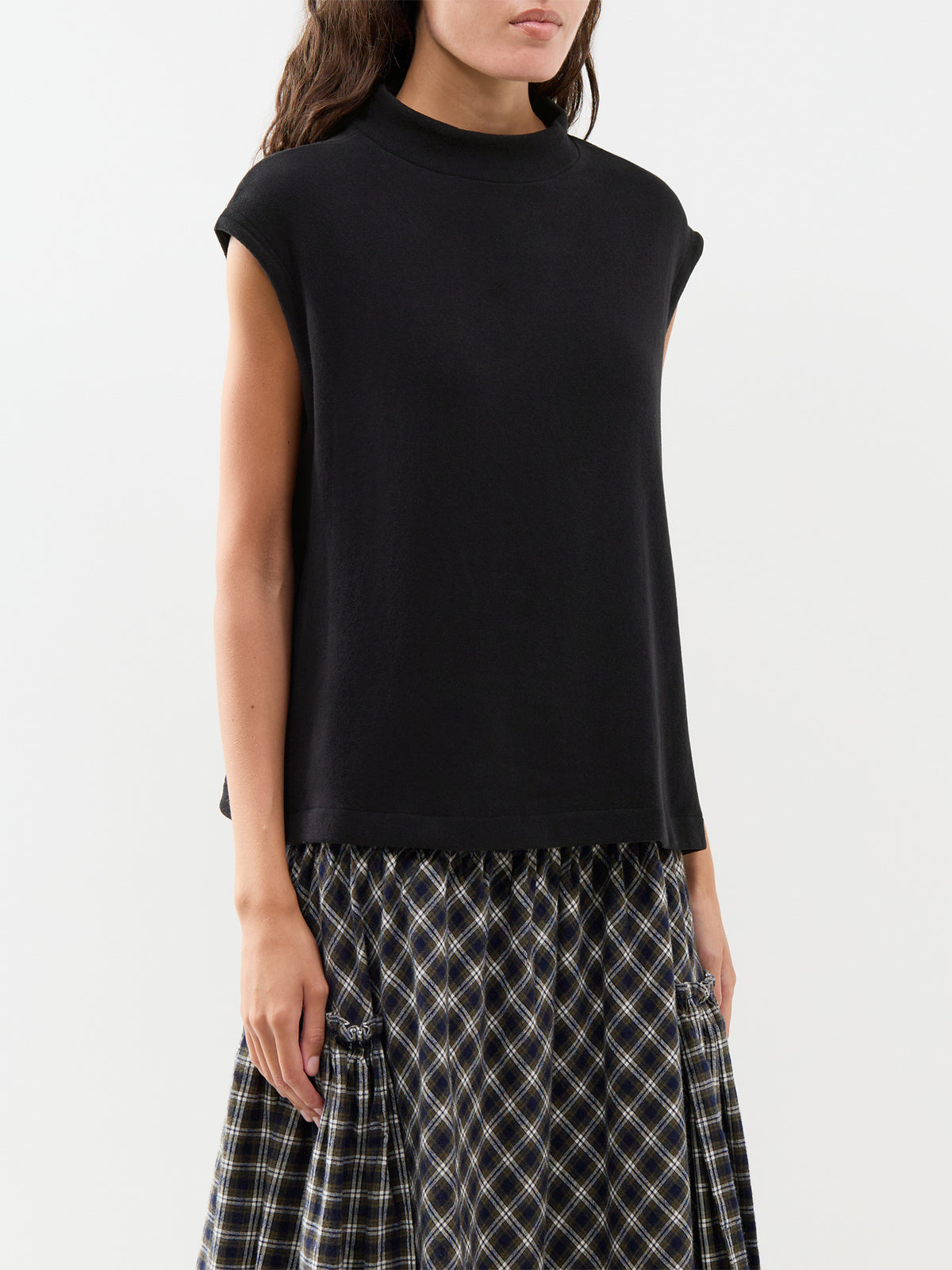 Cotton Blend Asymmetric Mock Neck Vest - Black