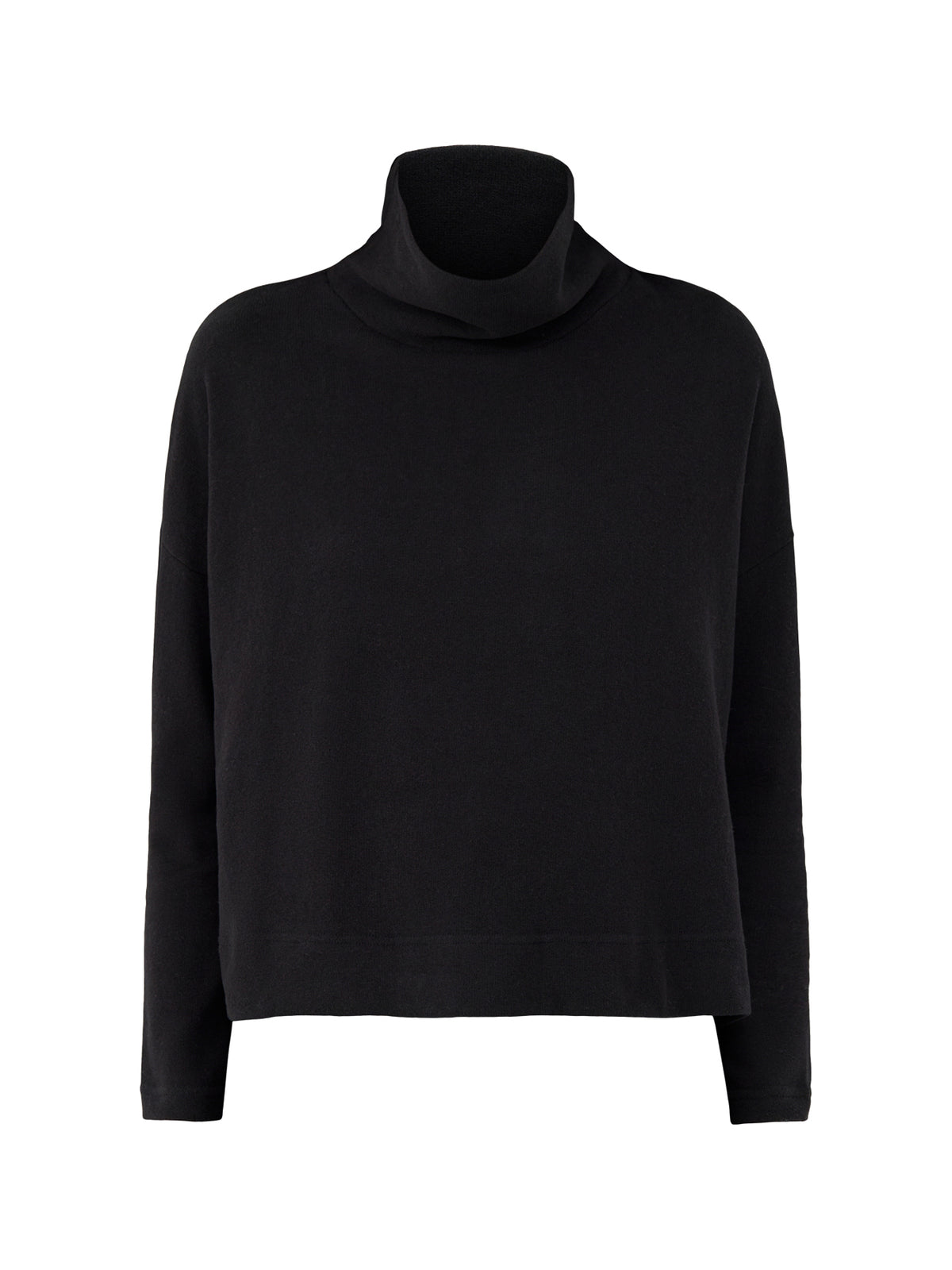 Cotton Blend Staggered Hem Roll Neck Jumper - Black