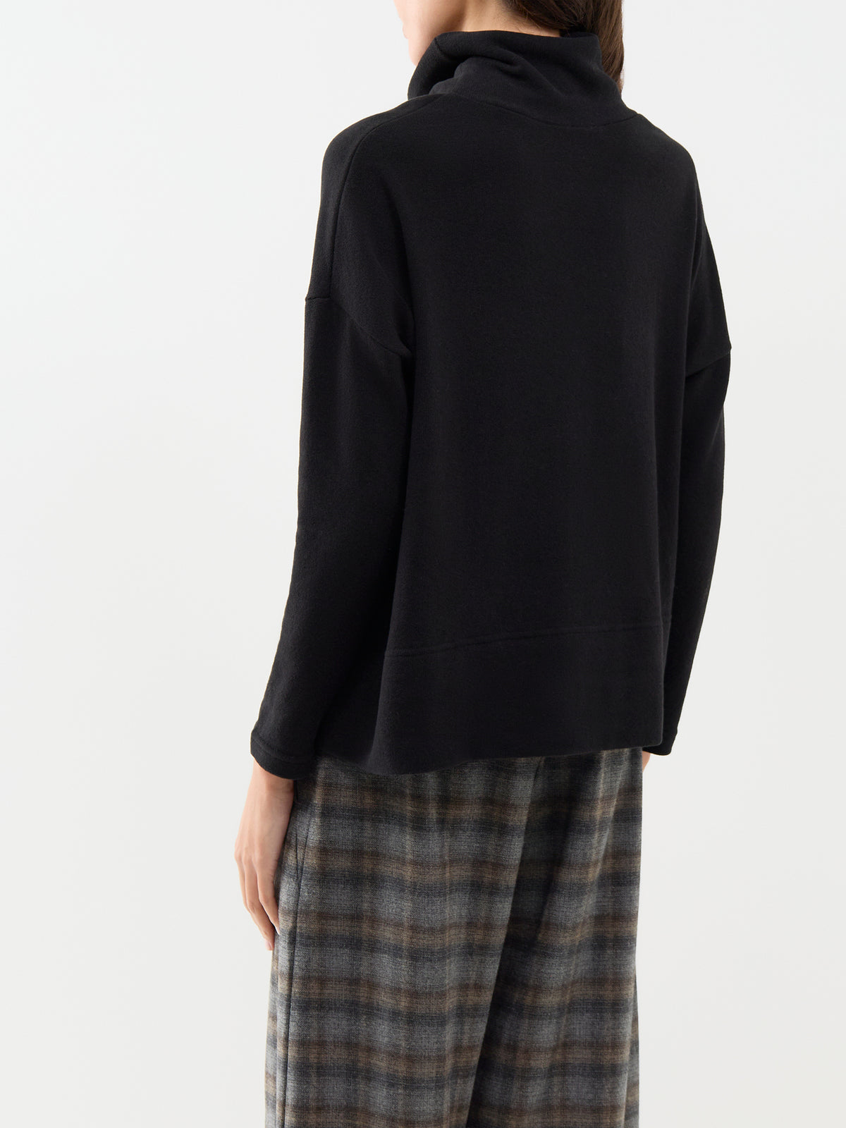 Cotton Blend Staggered Hem Roll Neck Jumper - Black
